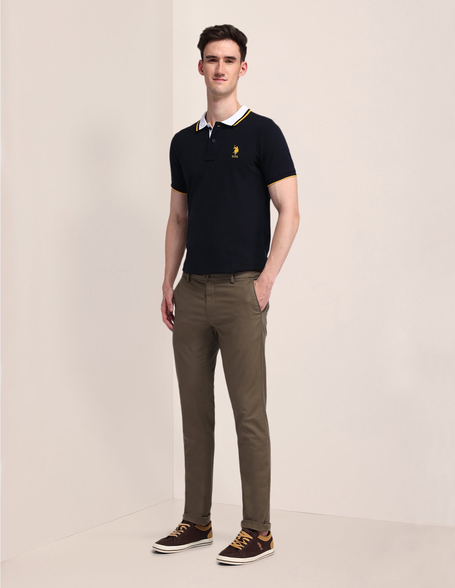 Austin Slim Fit Flat Front Trousers Brown - U.S. Polo Assn. India | Large