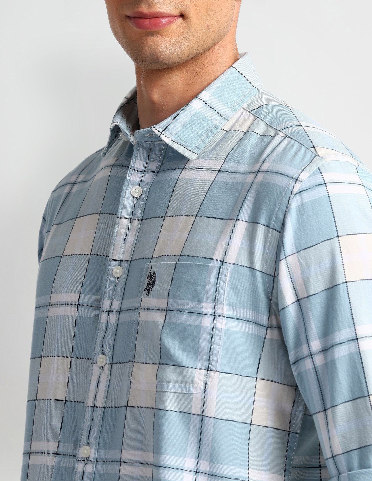 Windowpane Checked Slim Fit Shirt Light-Blue - U.S. Polo Assn. India | Large