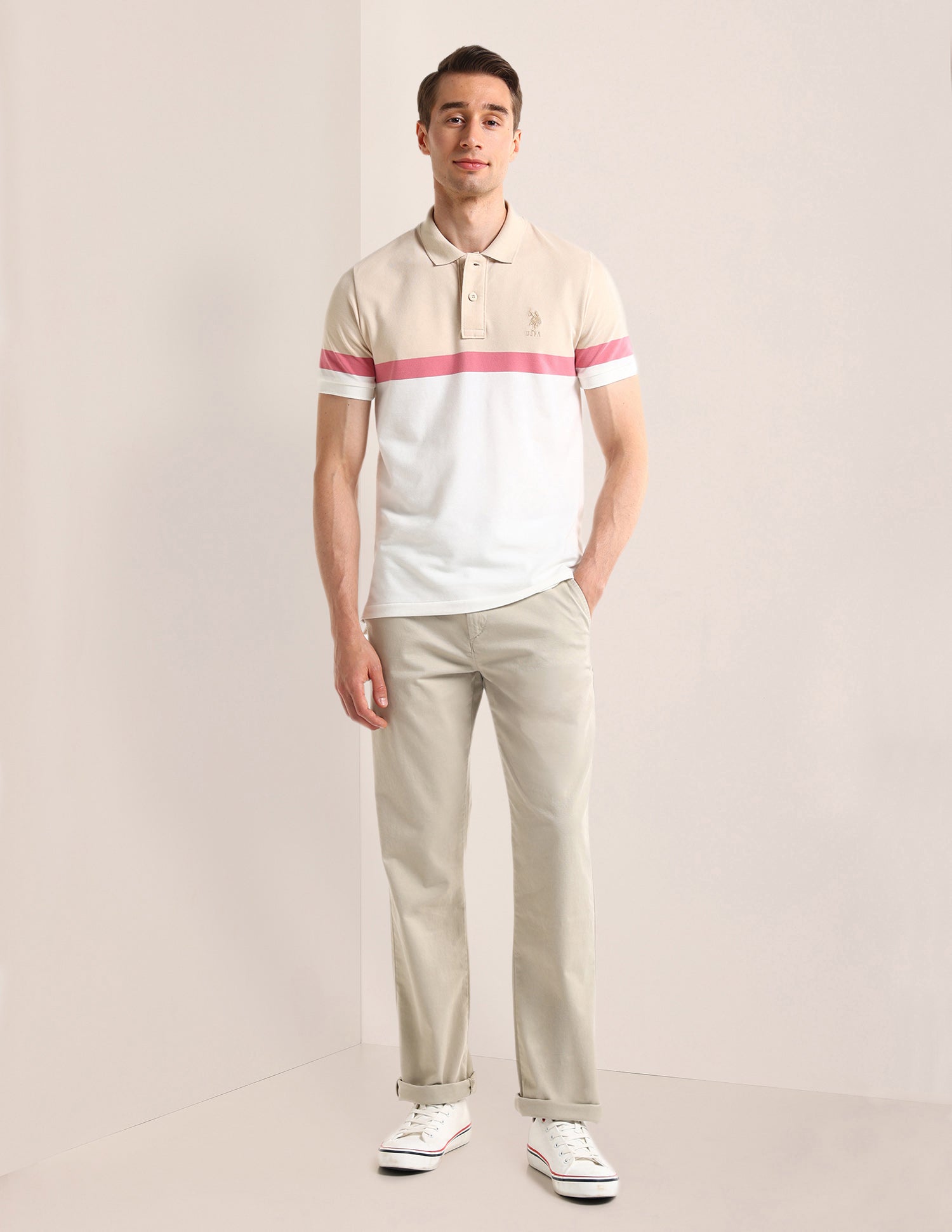 Riley Straight Fit Twill Trousers Beige - U.S. POLO ASSN. | Large