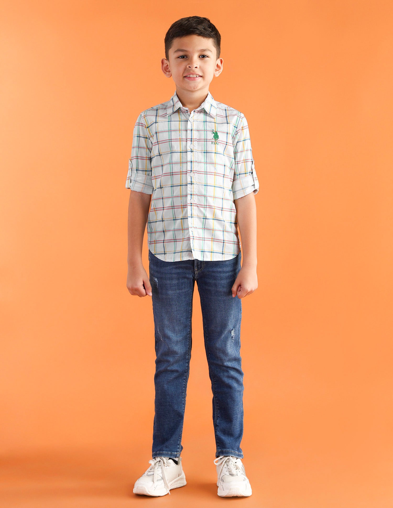 Boys Regular Fit Grid Tattersall Checks Shirt White - U.S. Polo Assn. India | Large