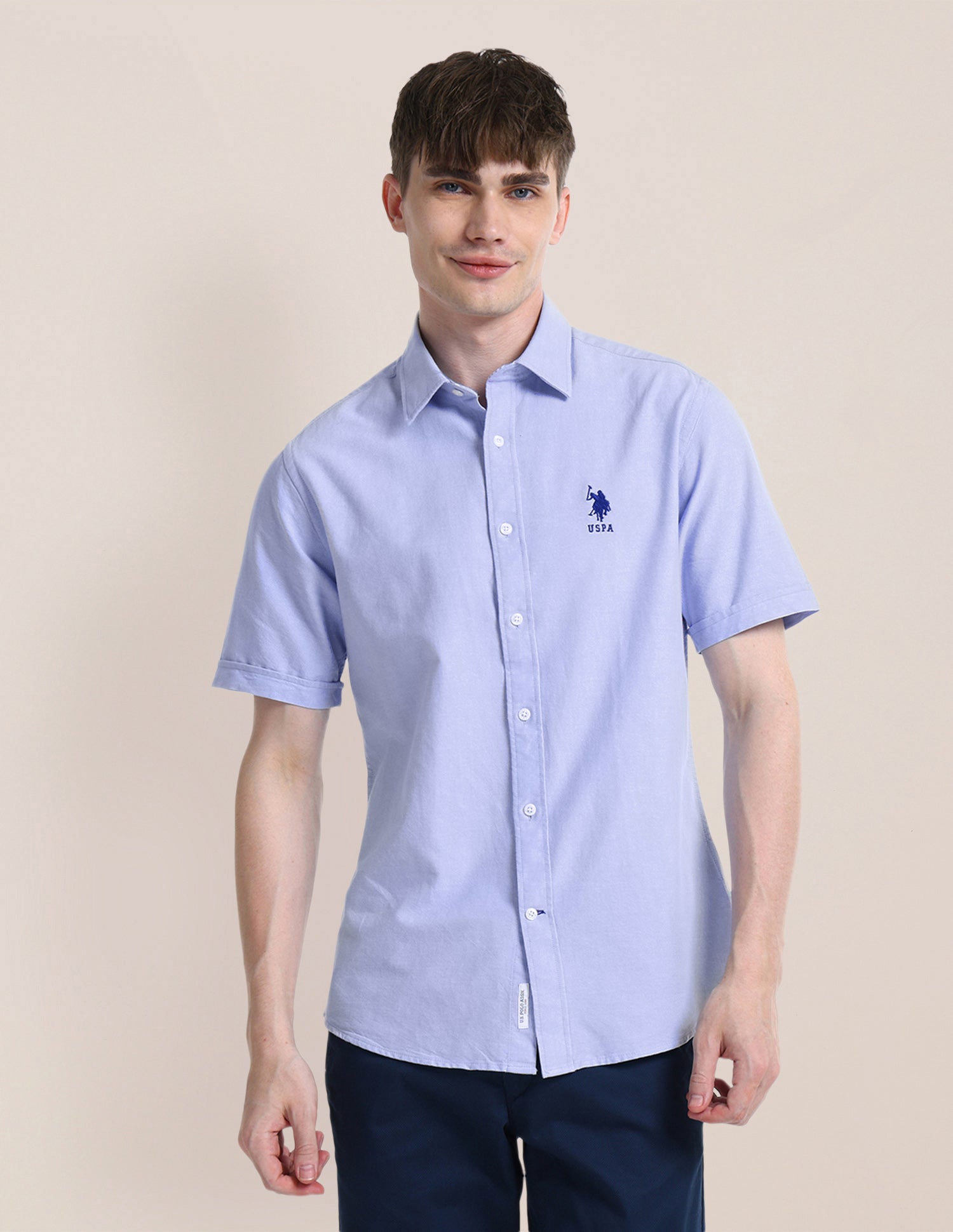 Button Down Collar Solid Formal Shirt Light-Blue - U.S. Polo Assn. India | Large