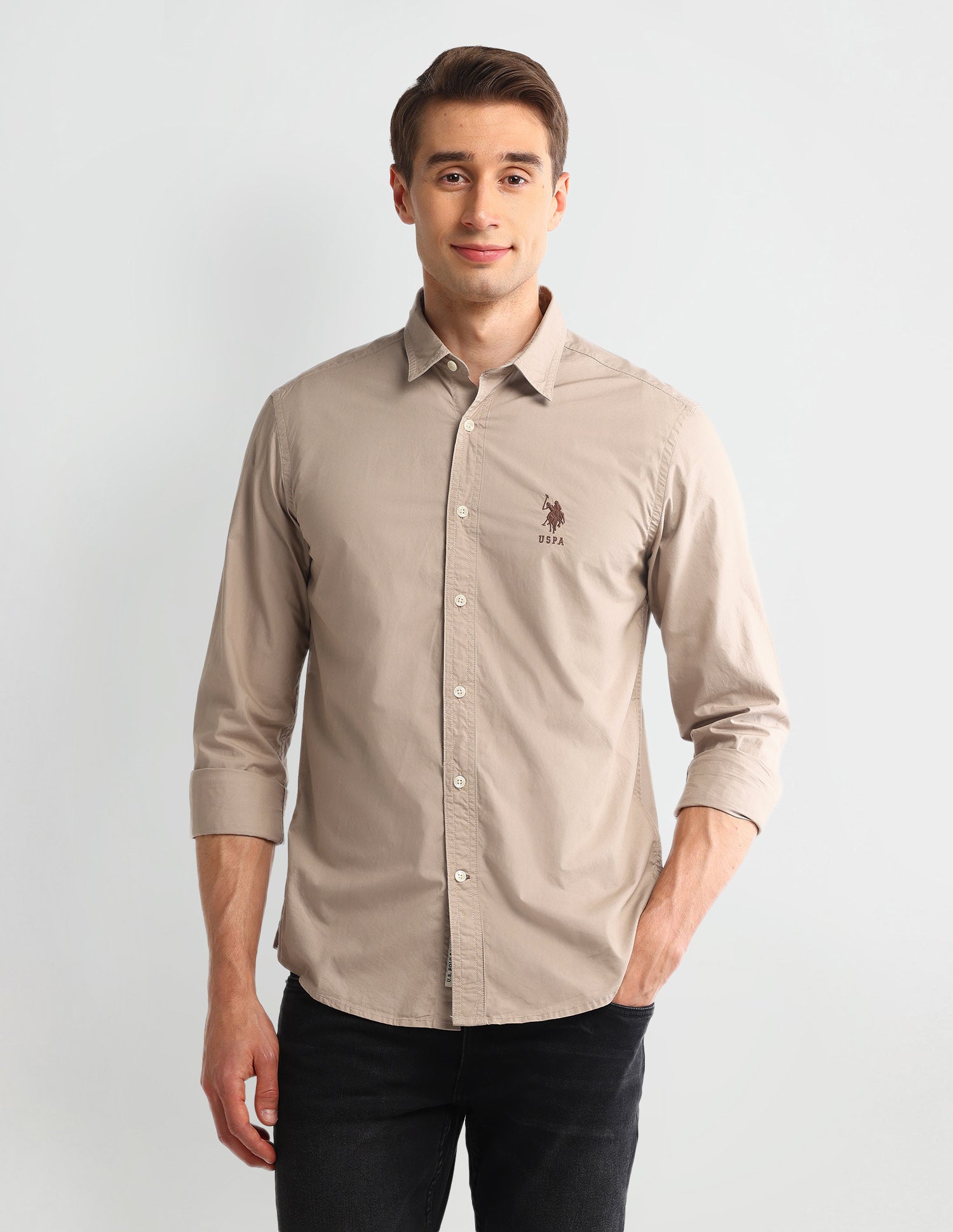 Solid Slim Fit Shirt Beige - U.S. Polo Assn. India | Large