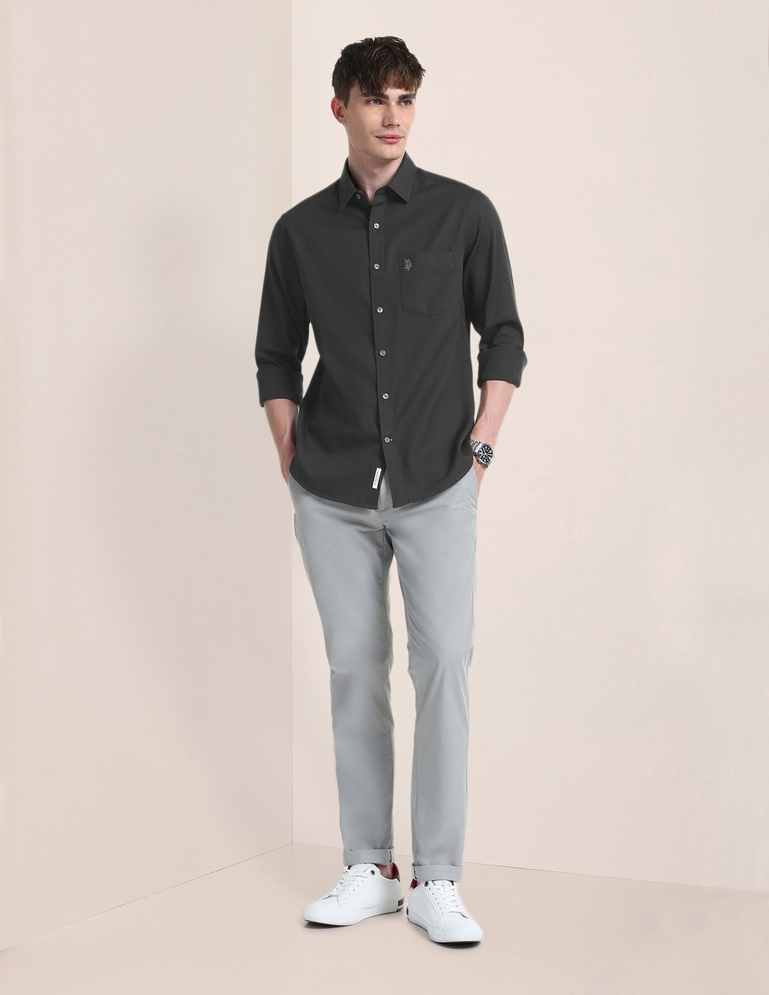 Solid Regular Fit Shirt Charcoal-Grey - U.S. Polo Assn. India | Large