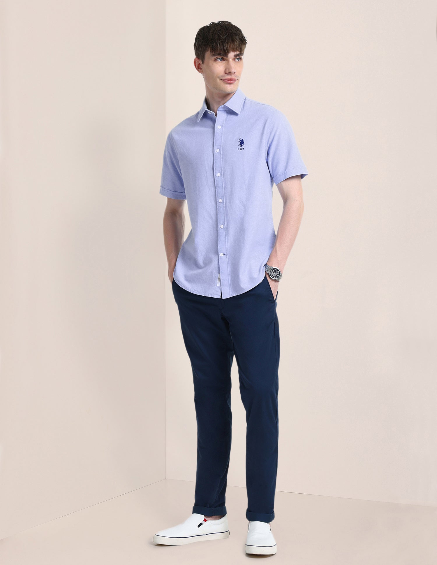 Button Down Collar Solid Formal Shirt Light-Blue - U.S. Polo Assn. India | Large