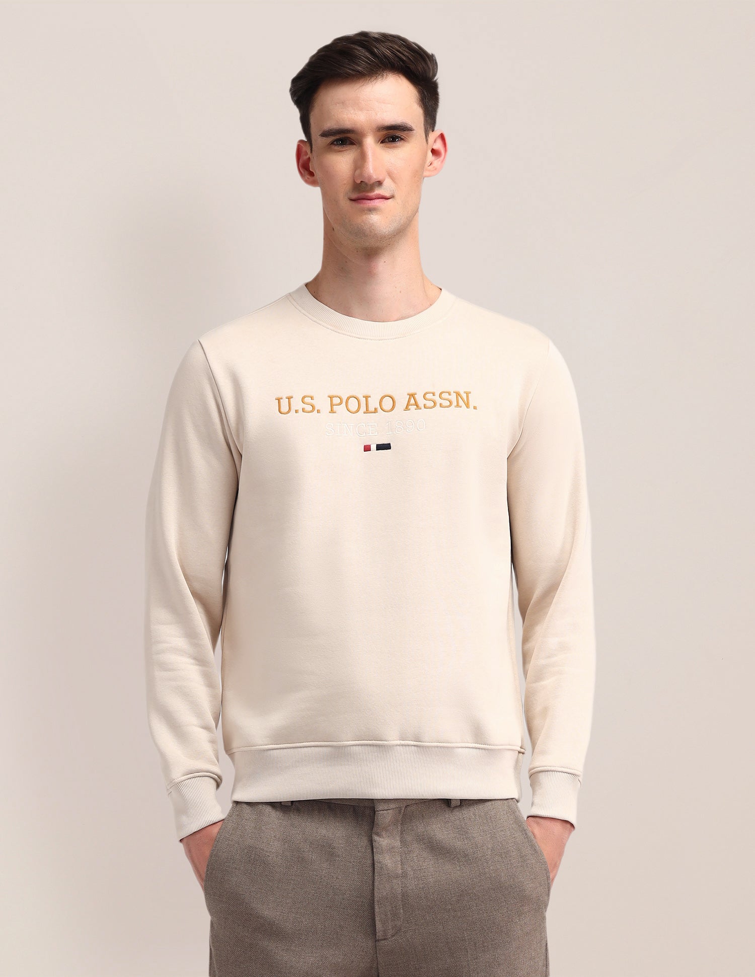 Crew Neck Brand Printed Sweatshirt Beige - U.S. POLO ASSN. | Large