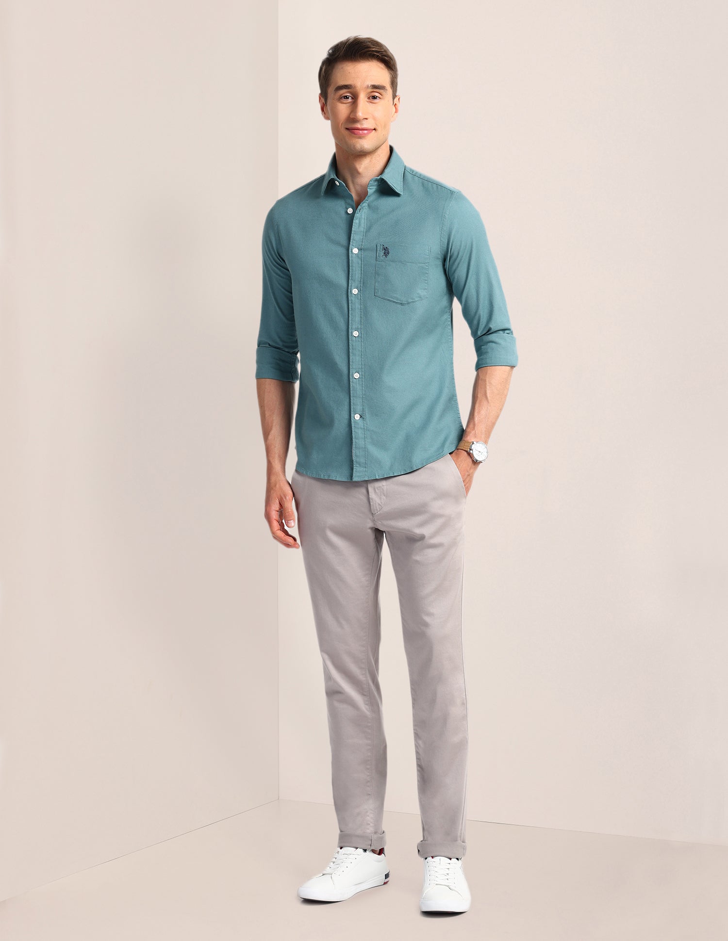 Solid Slim Fit Shirt Teal - U.S. Polo Assn. India | Large