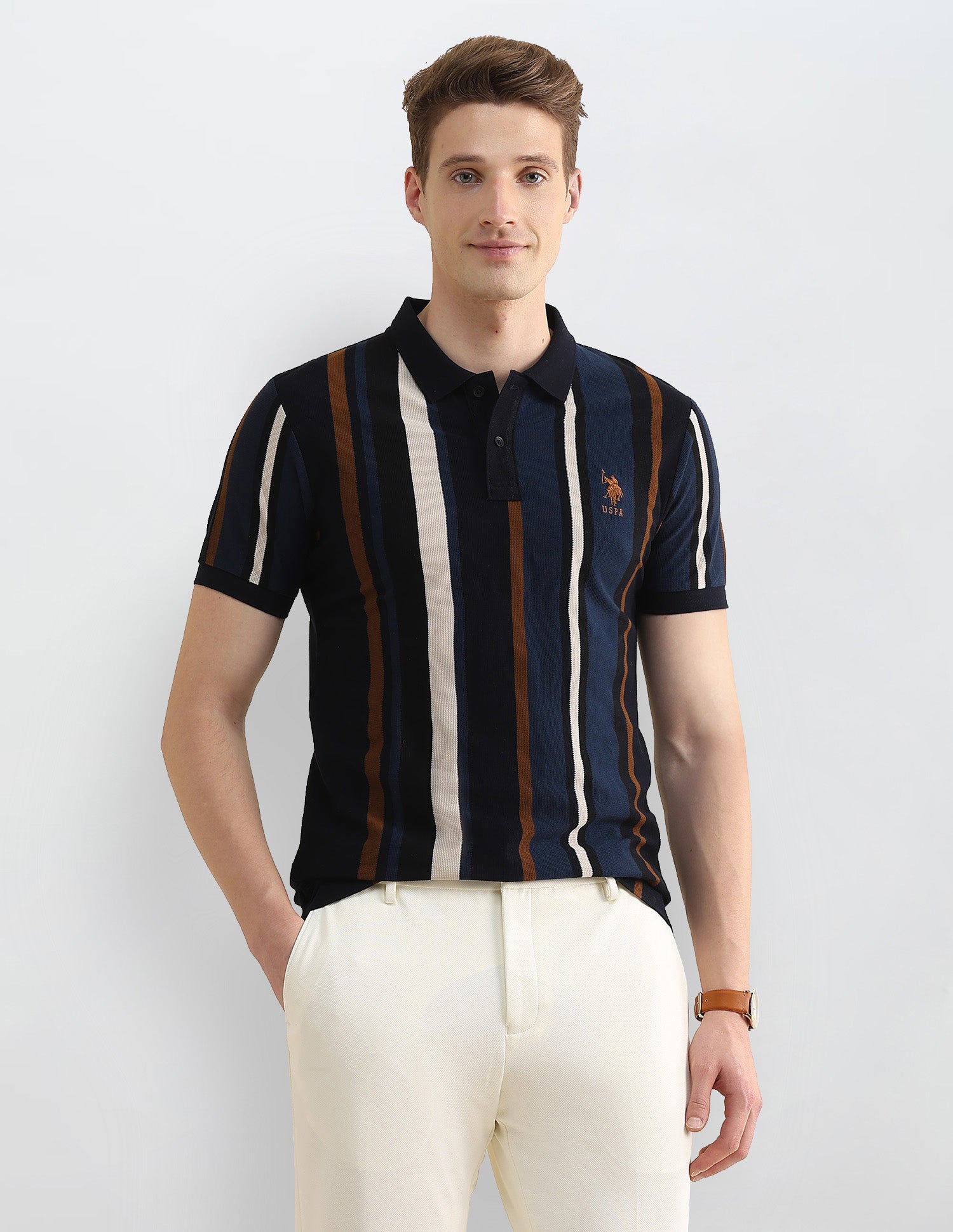 Vertical Striped Colorblocked Slim Fit Polo Shirt