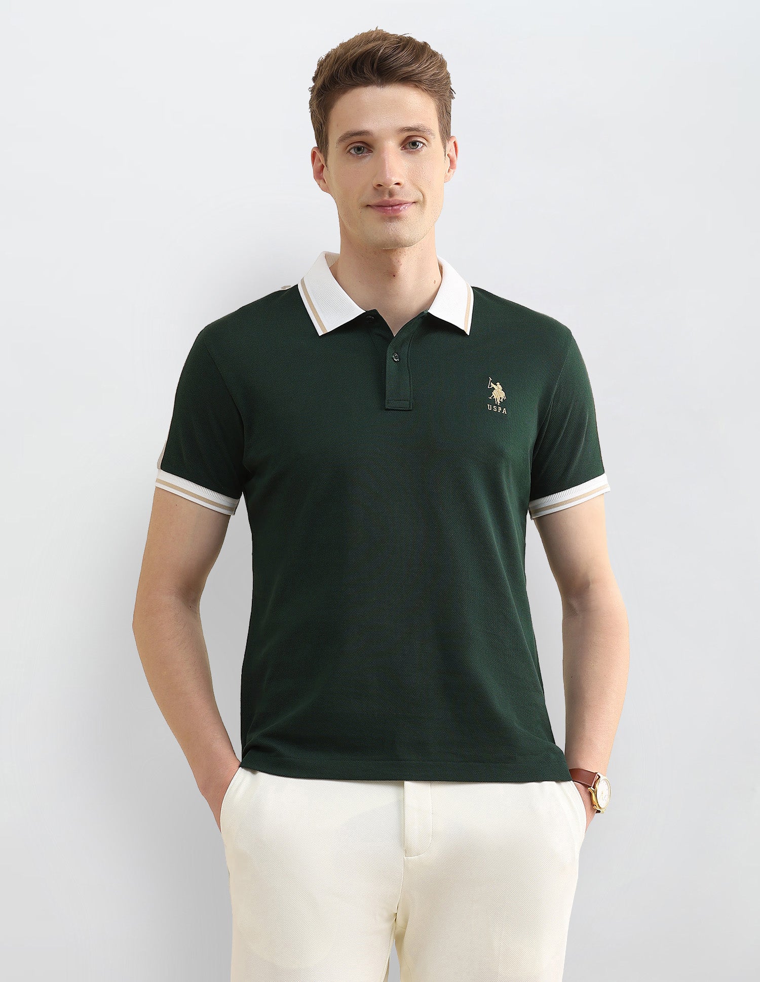 Solid Stripe Detail Slim Fit Polo Shirt