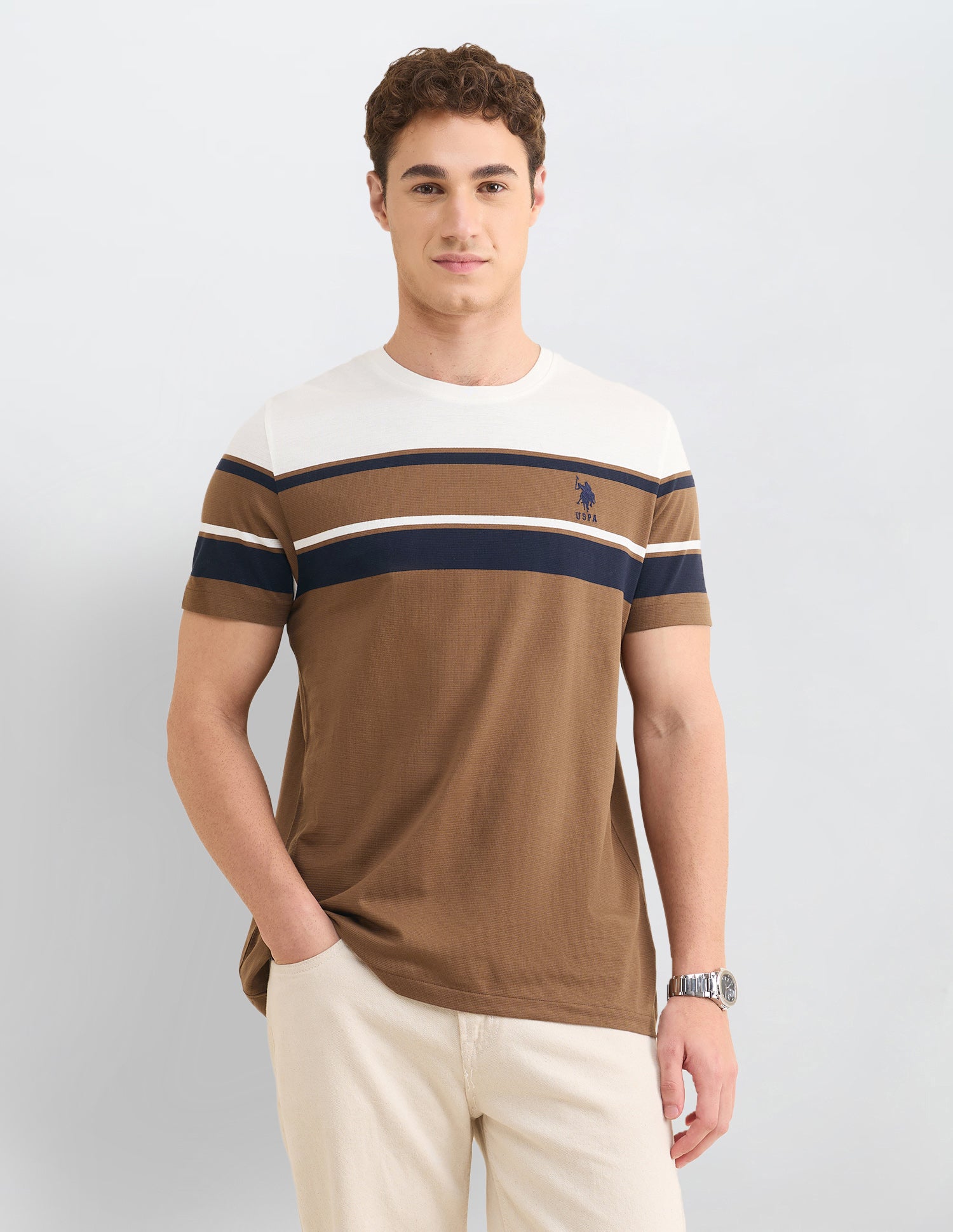 Horizontal Striped Slim Fit T-Shirt Brown - U.S. Polo Assn. India | Large