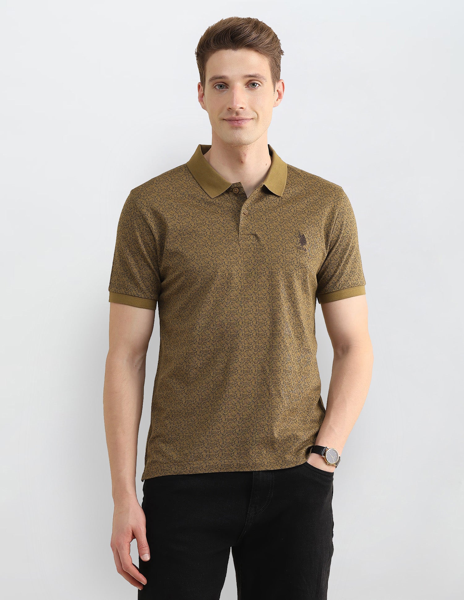 Tropical Printed Slim Fit Polo Shirt Olive - U.S. Polo Assn. India | Large