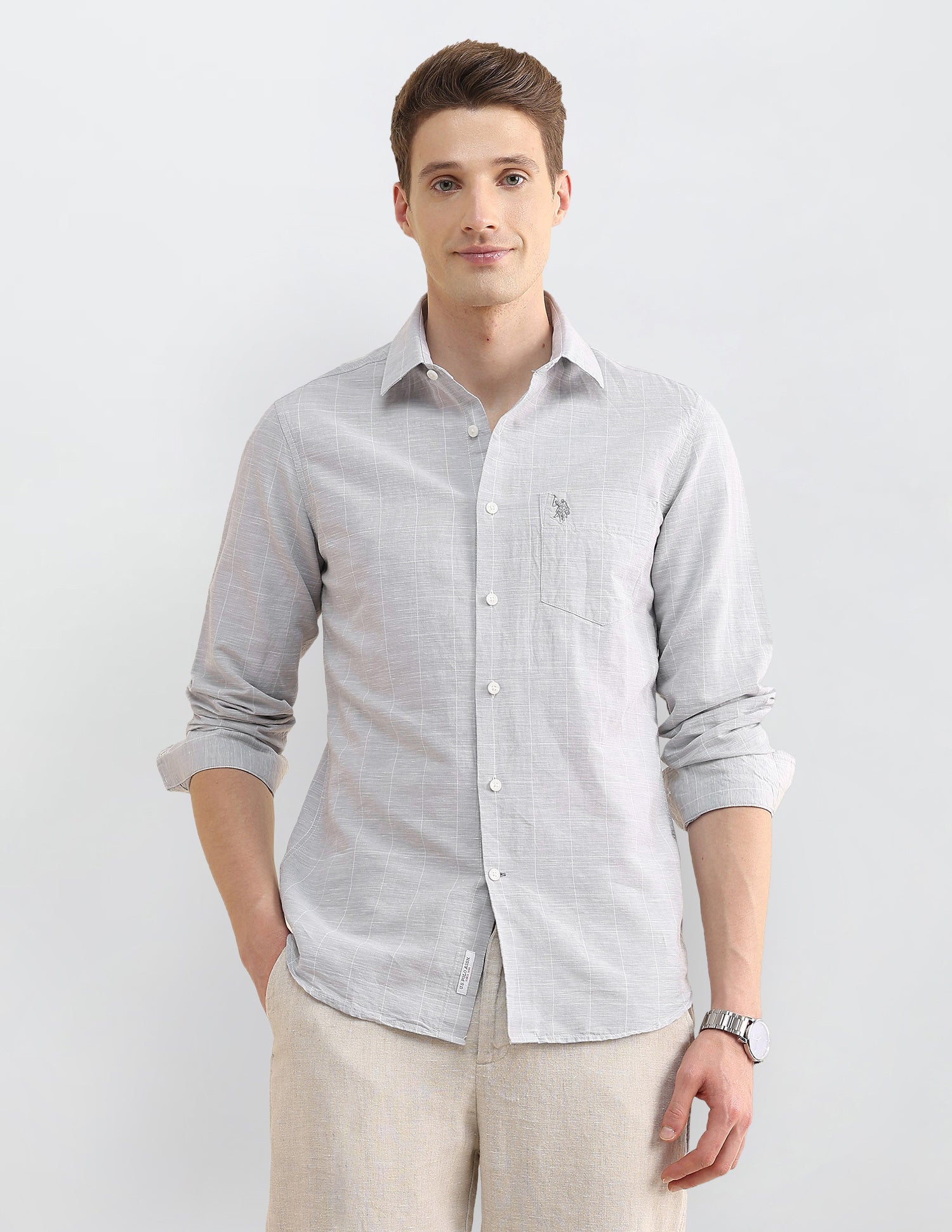 Windowpane Checked Regular Fit Shirt Light Grey - U.S. Polo Assn. India | Large