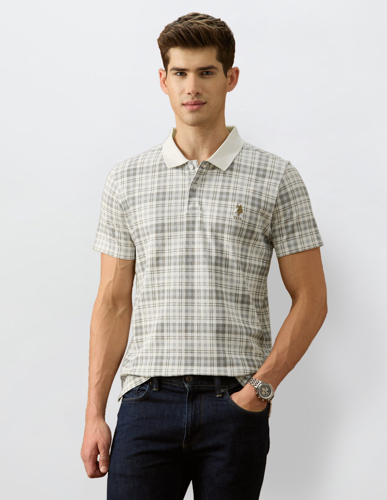 Checked Slim Fit Polo Shirt Beige - U.S. Polo Assn. India | Large