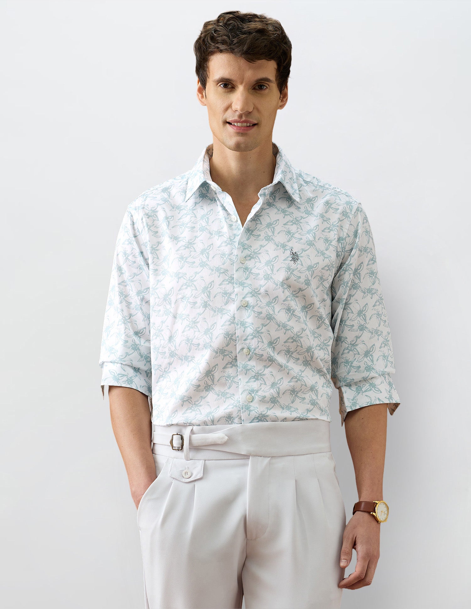 Floral Printed Regular Fit Shirt Medium Green - U.S. Polo Assn. India | Large
