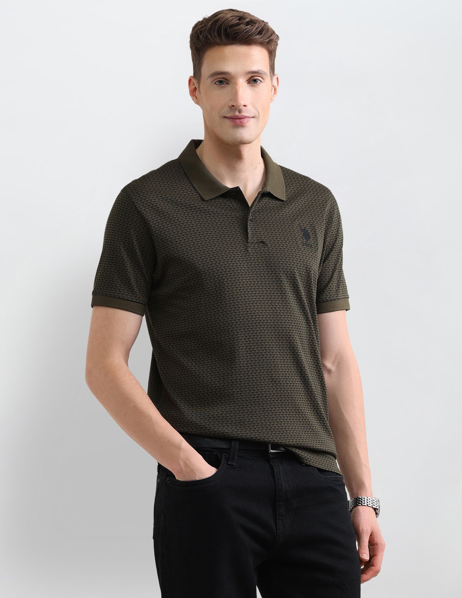 Geometric Printed Slim Fit Polo Shirt Olive - U.S. Polo Assn. India | Large