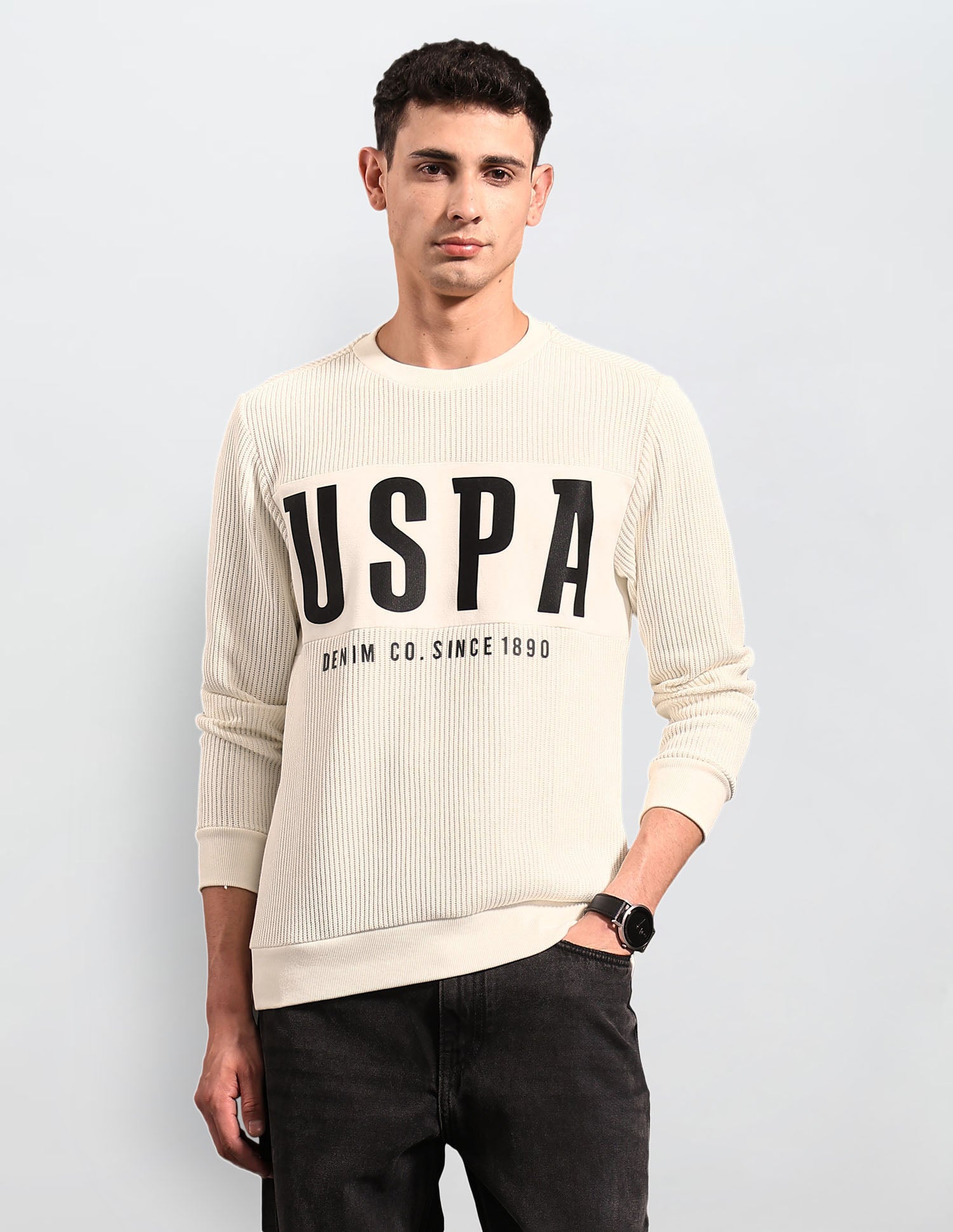 Brand Printed Textured Black & Gold Sweatshirt