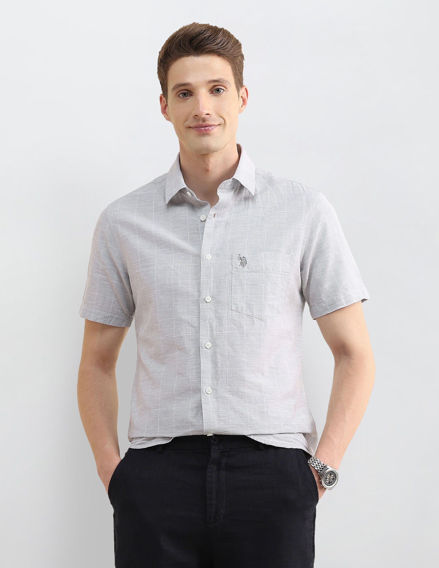 Windowpane Checked Regular Fit Shirt Light Grey - U.S. Polo Assn. India | Large