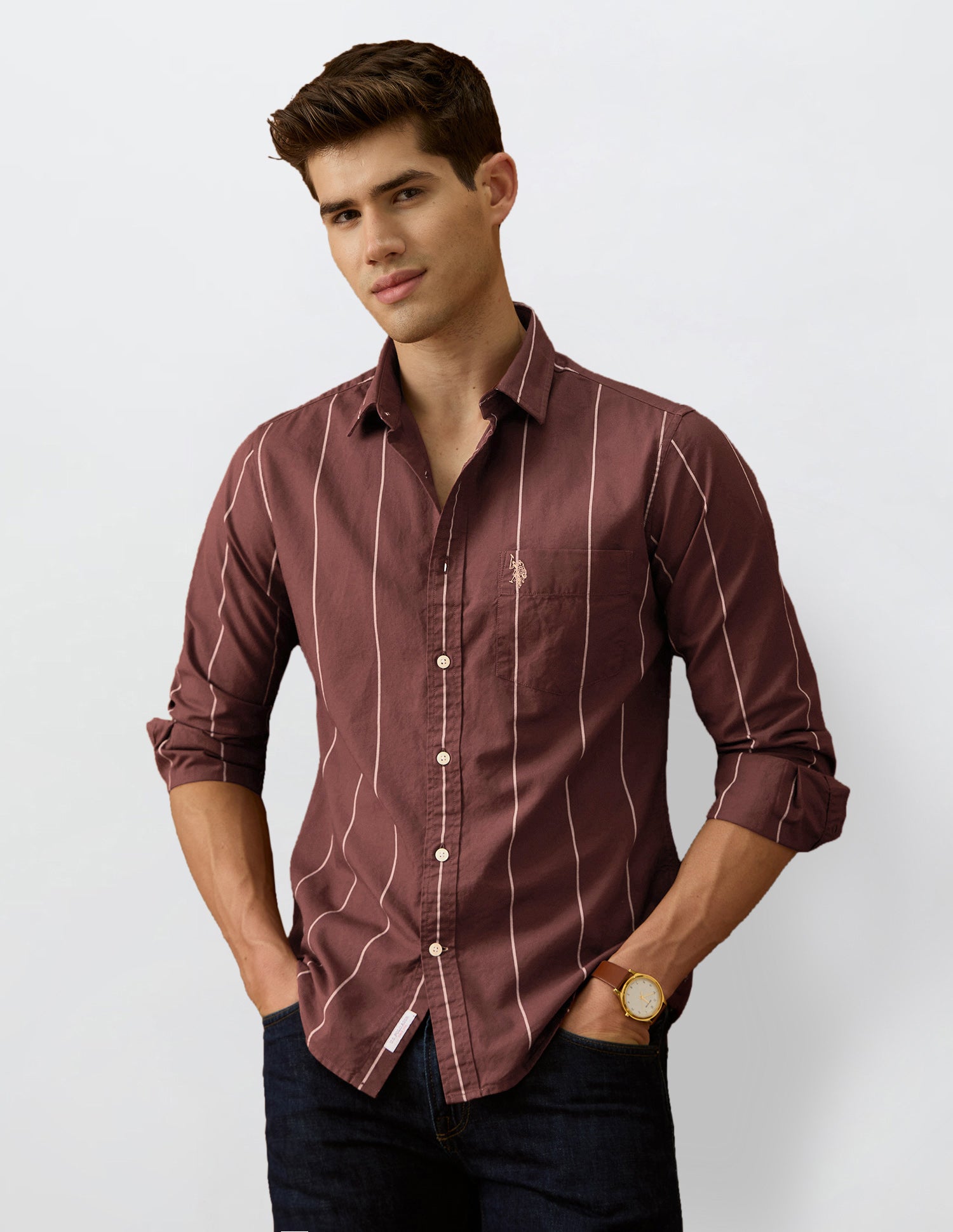 Oxford Vertical Striped Shirt Maroon - U.S. Polo Assn. India | Large