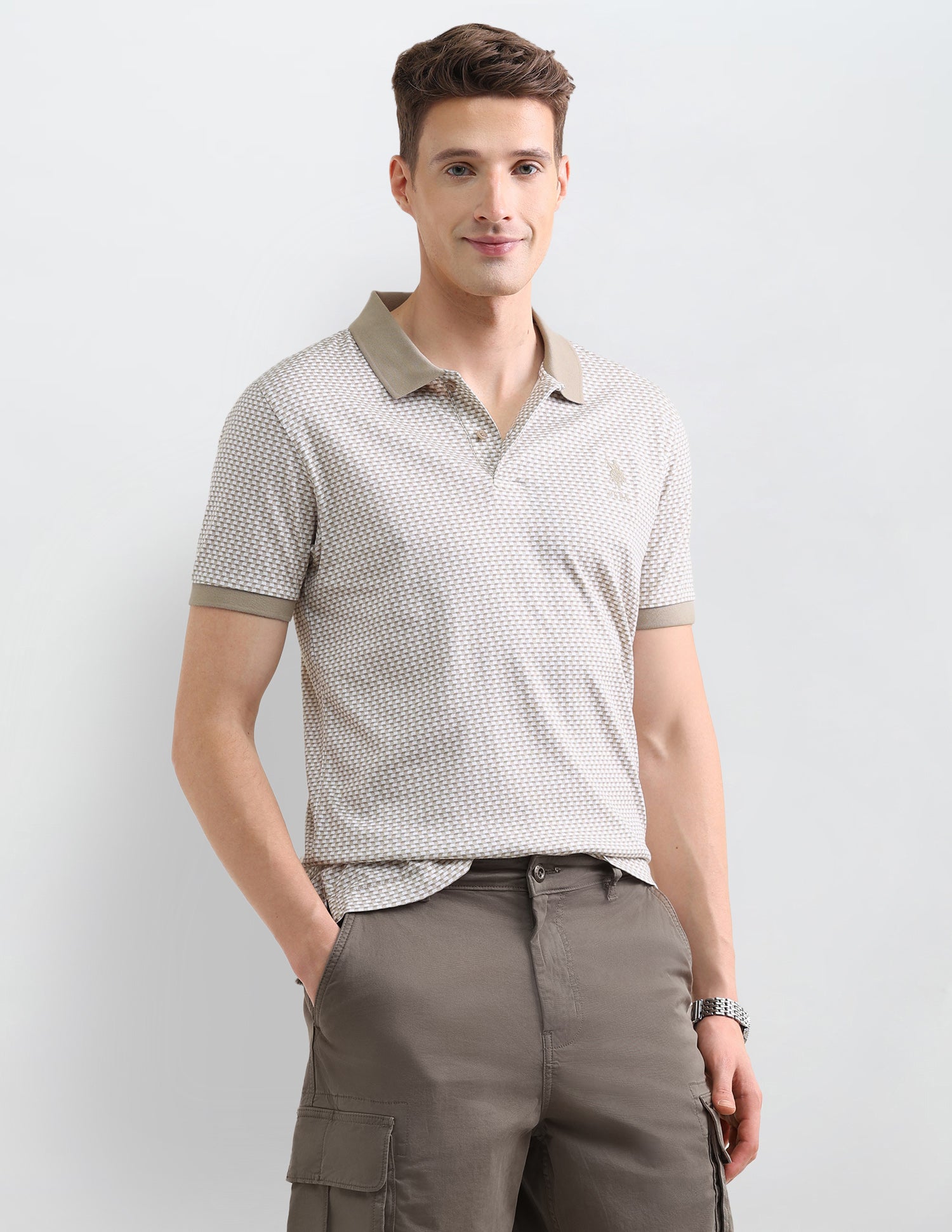 Geometric Printed Slim Fit Polo Shirt Light Brown - U.S. Polo Assn. India | Large