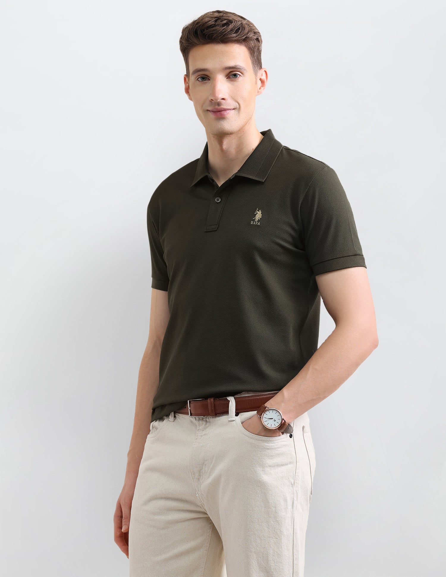 Solid Slim Fit Polo Shirt Olive - U.S. Polo Assn. India | Large