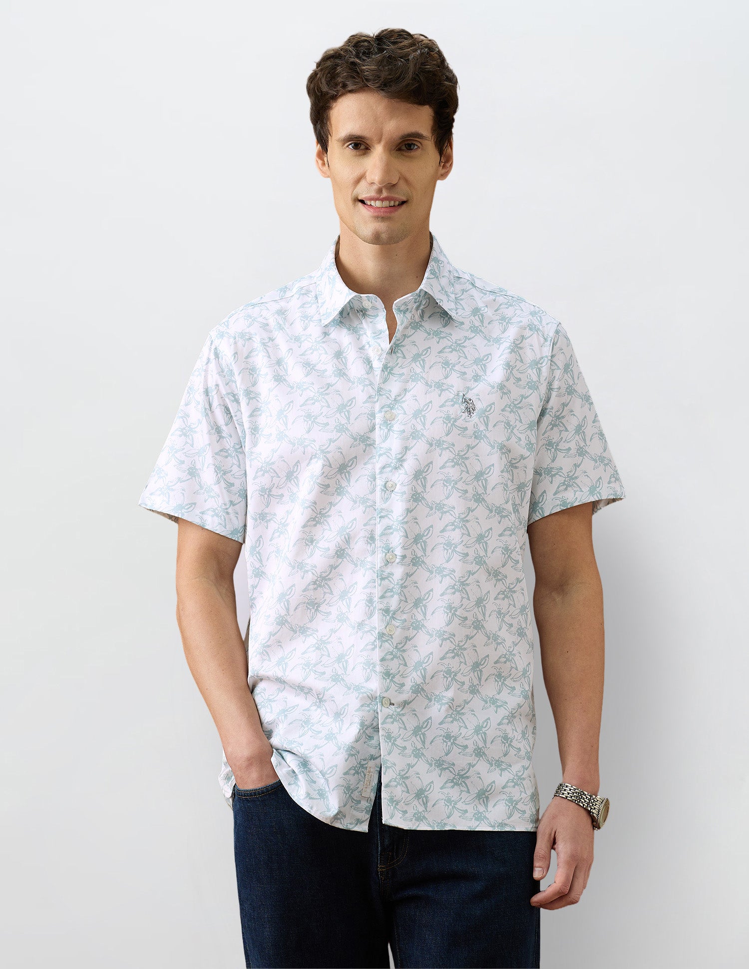 Floral Printed Regular Fit Shirt Medium Green - U.S. Polo Assn. India | Large