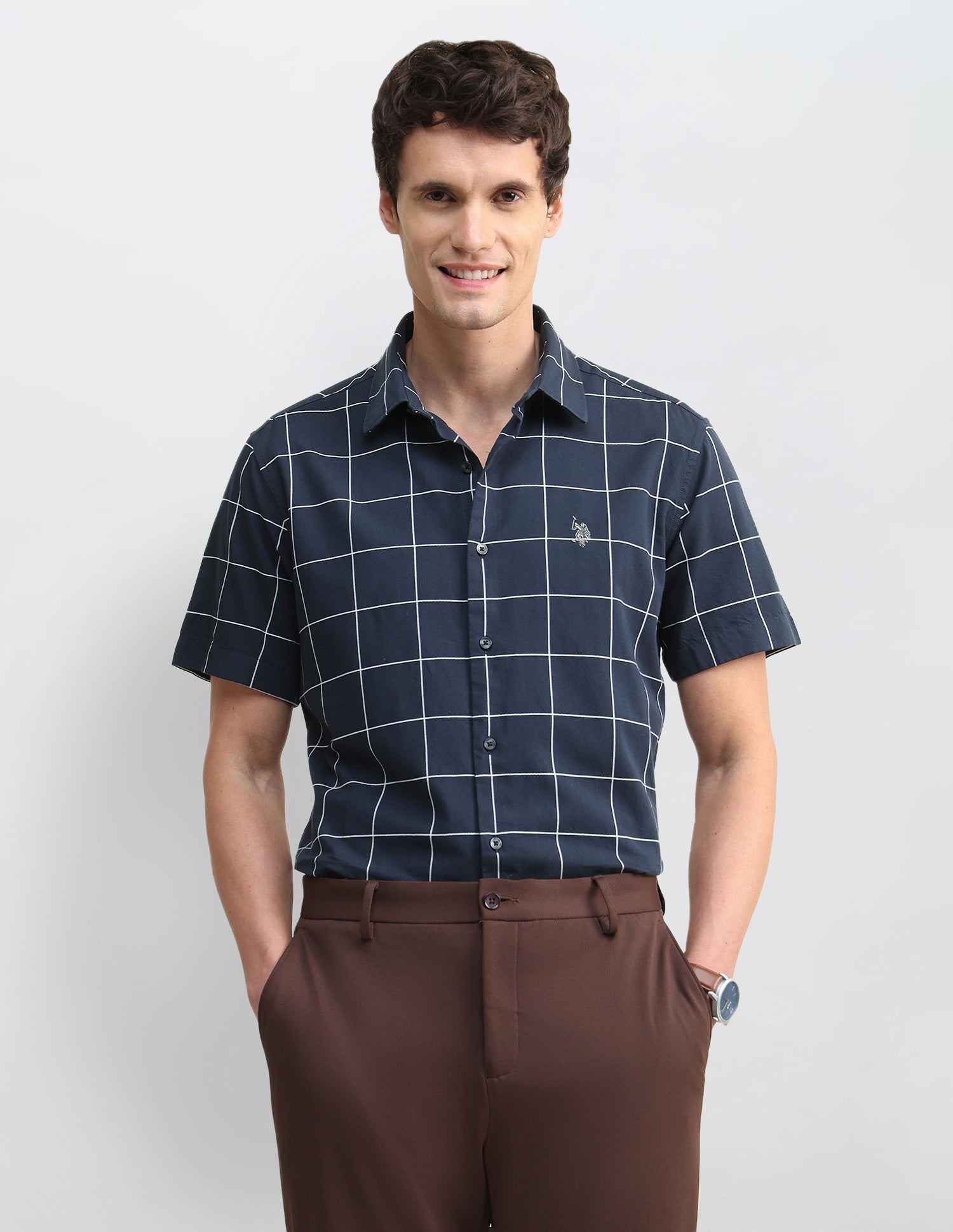 Windowpane Checked Twill Shirt Navy - U.S. Polo Assn. India | Large