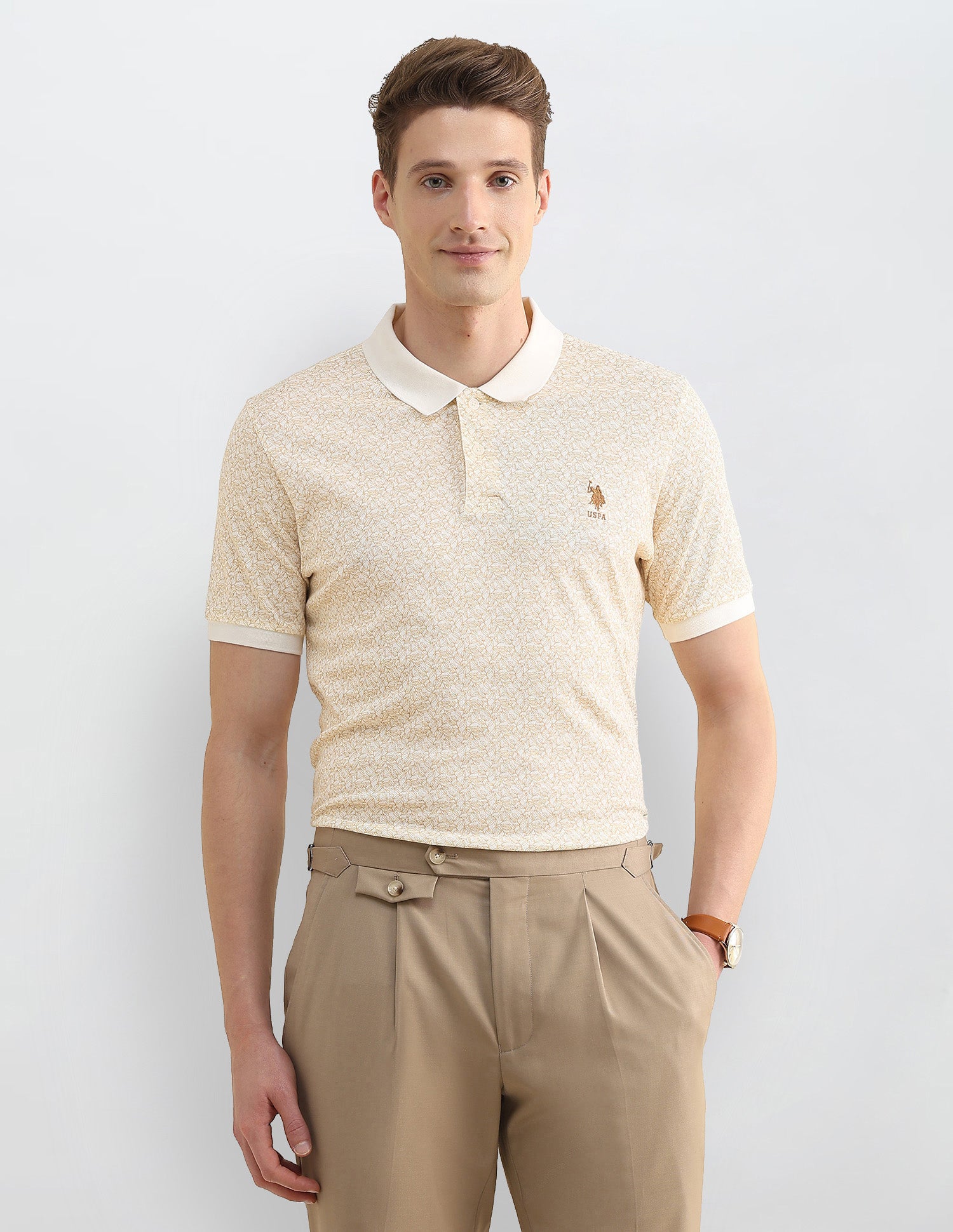 Tropical Printed Slim Fit Polo Shirt Beige - U.S. Polo Assn. India | Large