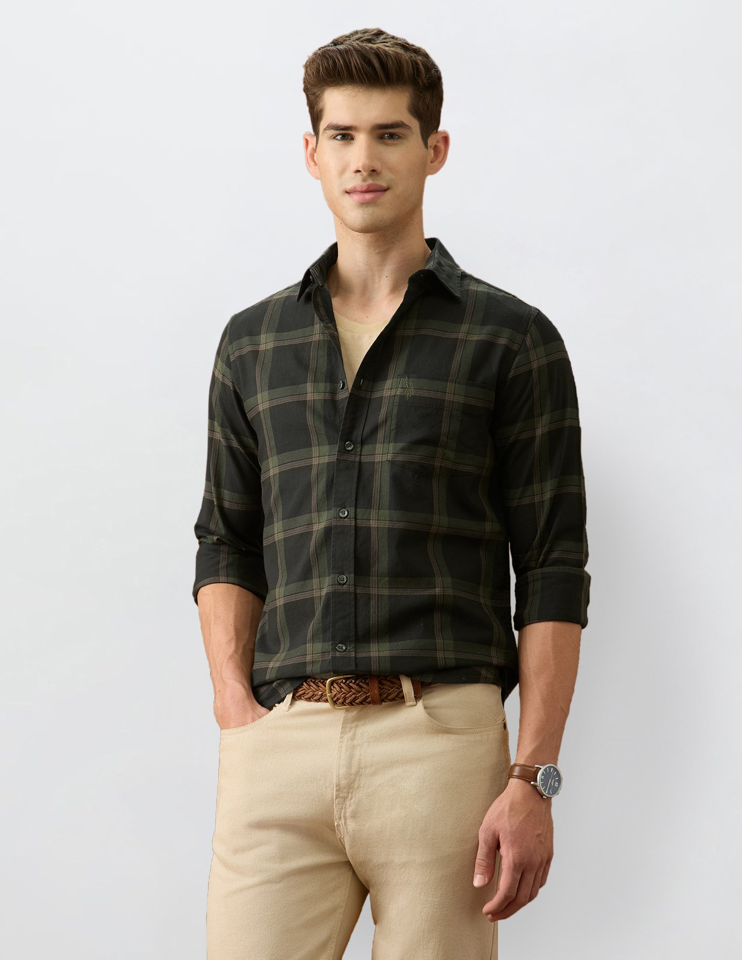 Grid Tattersall Checked Regular Fit Shirt Olive - U.S. Polo Assn. India | Large