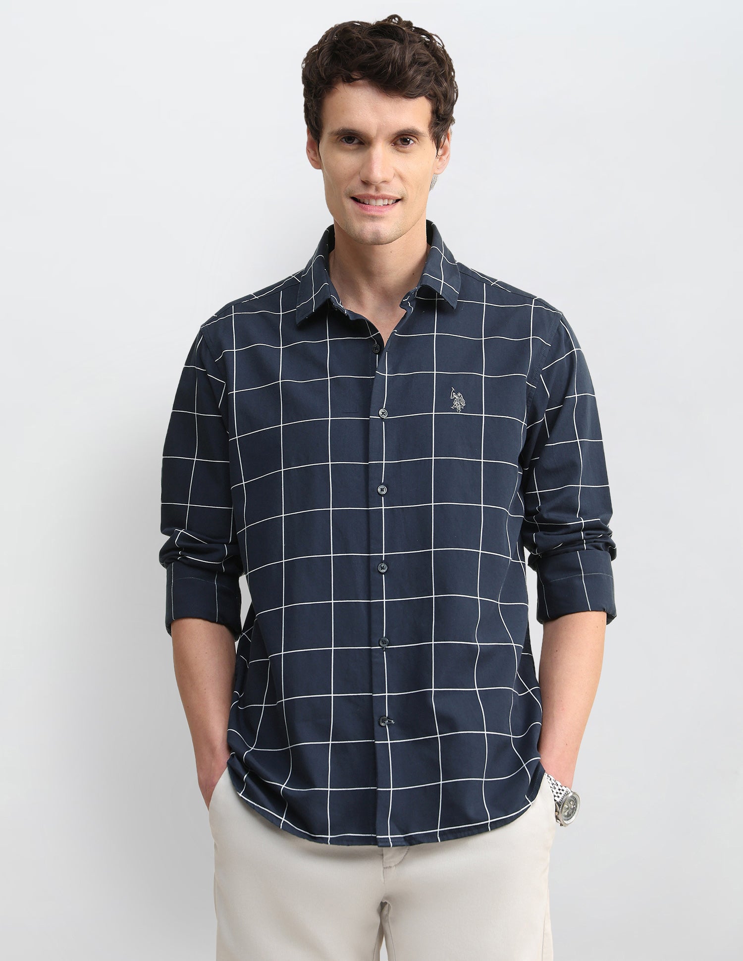 Windowpane Checked Twill Shirt Navy - U.S. Polo Assn. India | Large