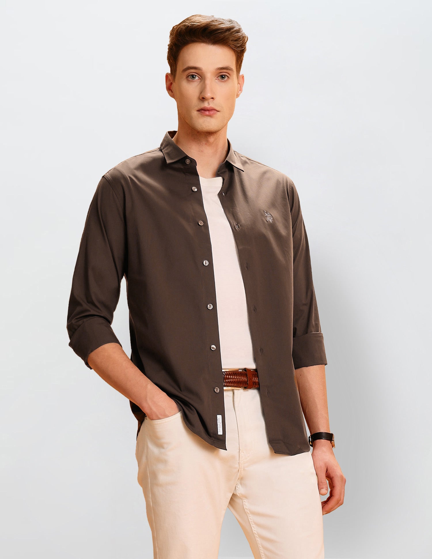 Poplin Tailored Fit Shirt Brown - U.S. Polo Assn. India | Large
