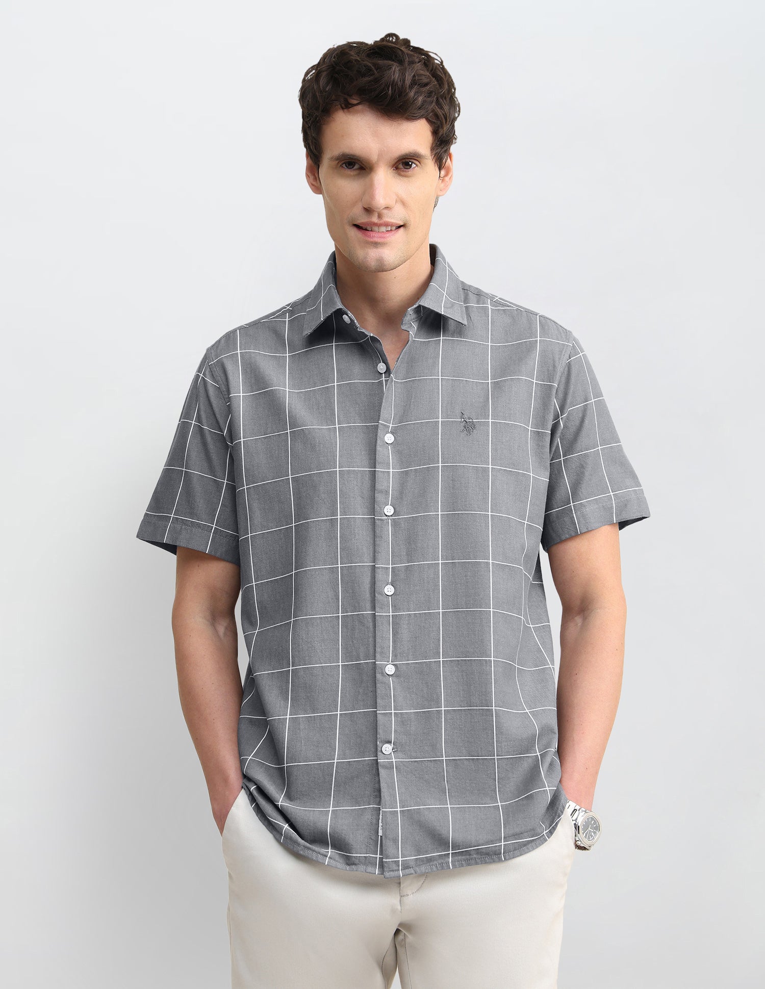 Windowpane Checked Twill Shirt Grey - U.S. Polo Assn. India | Large