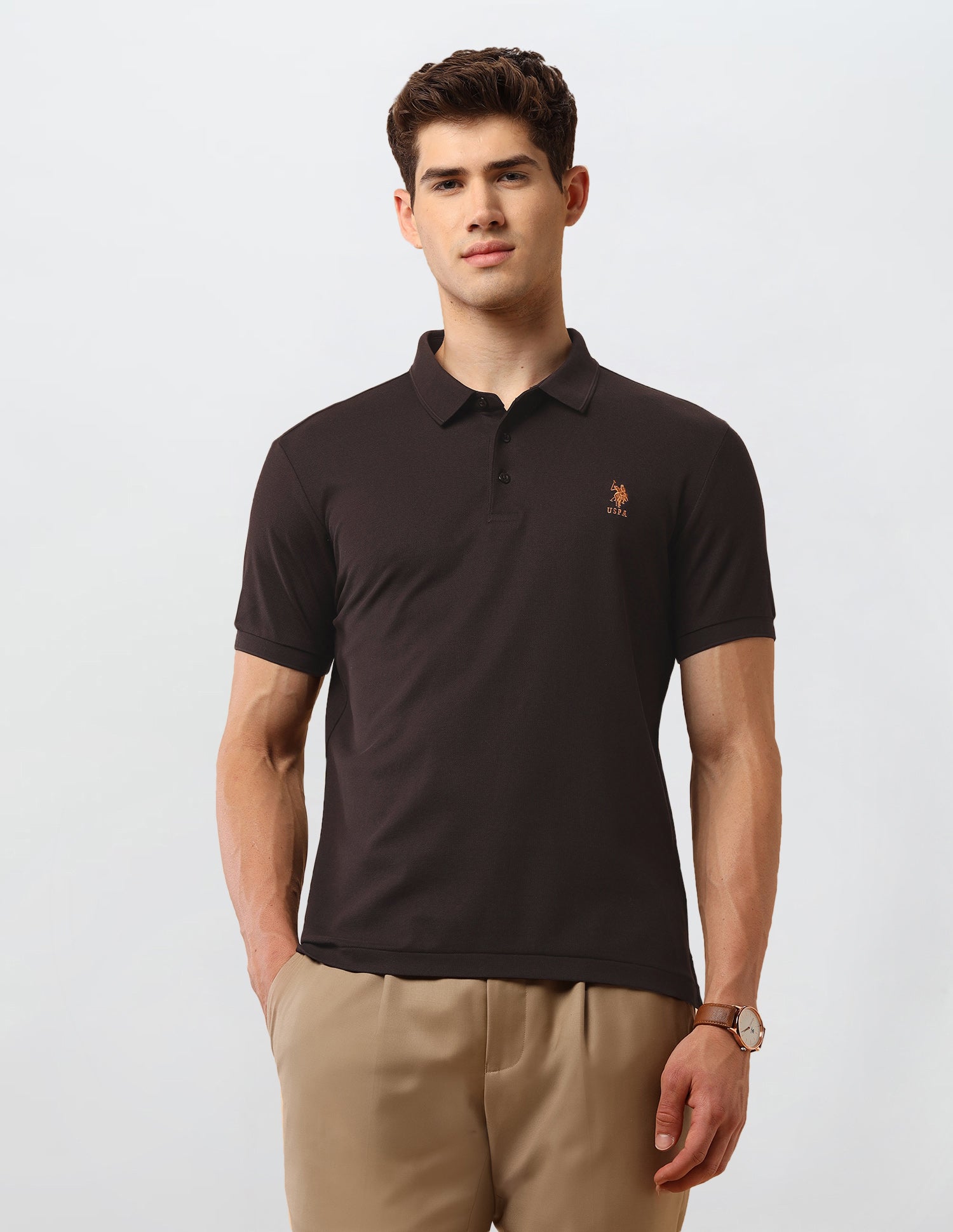 Solid Slim Fit Polo Shirt Dark Brown - U.S. Polo Assn. India | Large