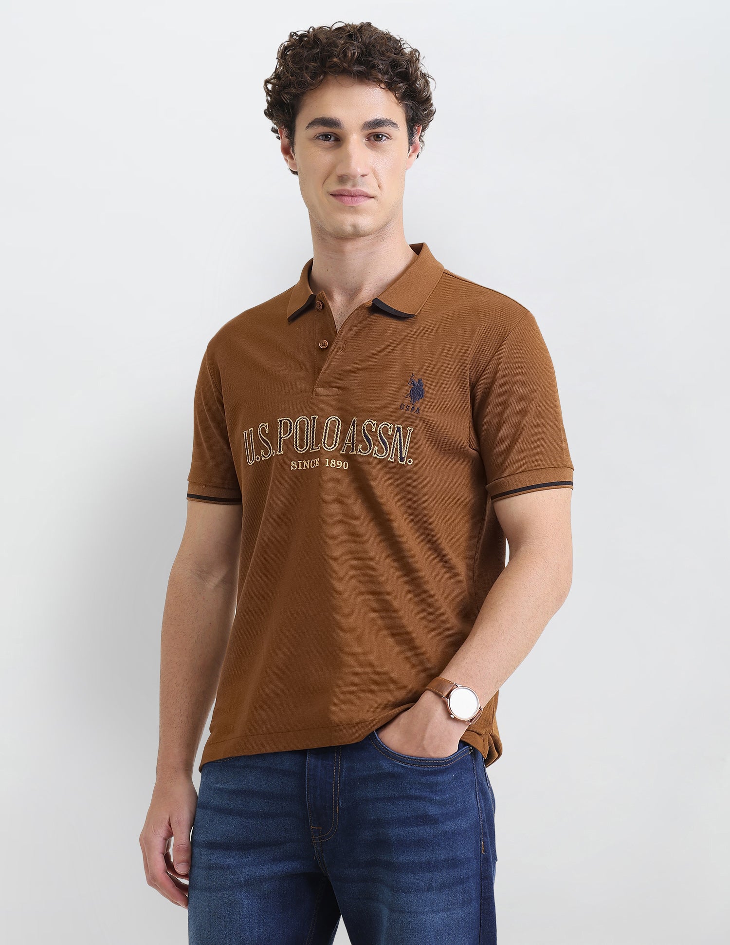 Brand Embroidered Slim Fit Polo Shirt Brown - U.S. Polo Assn. India | Large