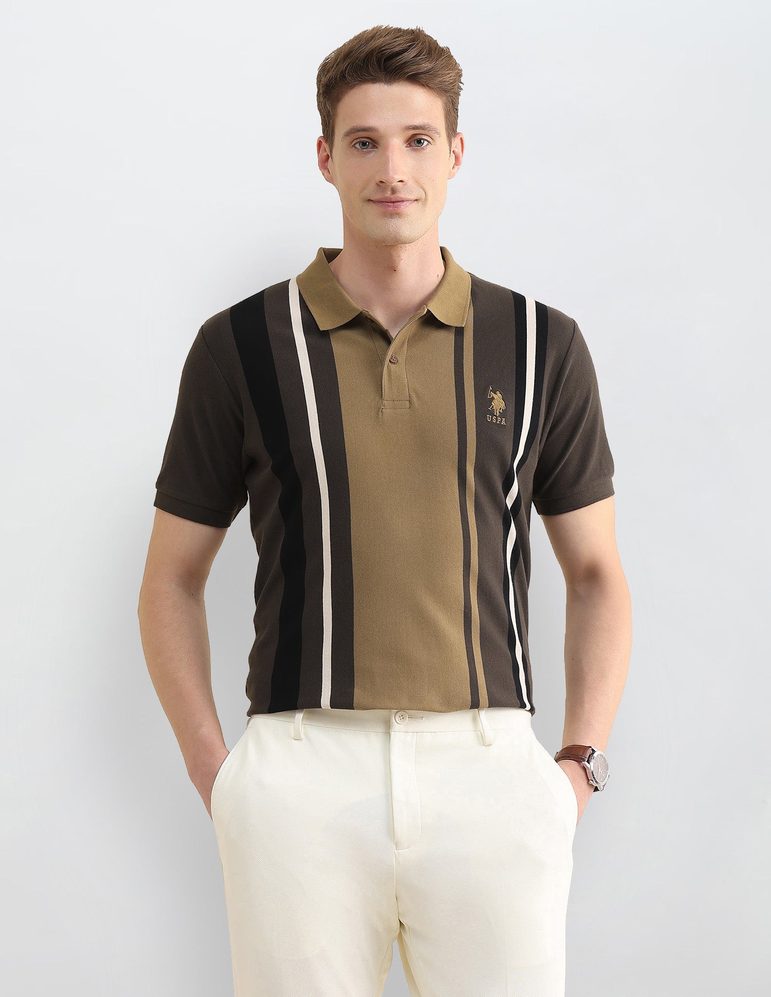 Colourblocked Striped Slim Fit Polo Shirt Olive - U.S. Polo Assn. India | Large