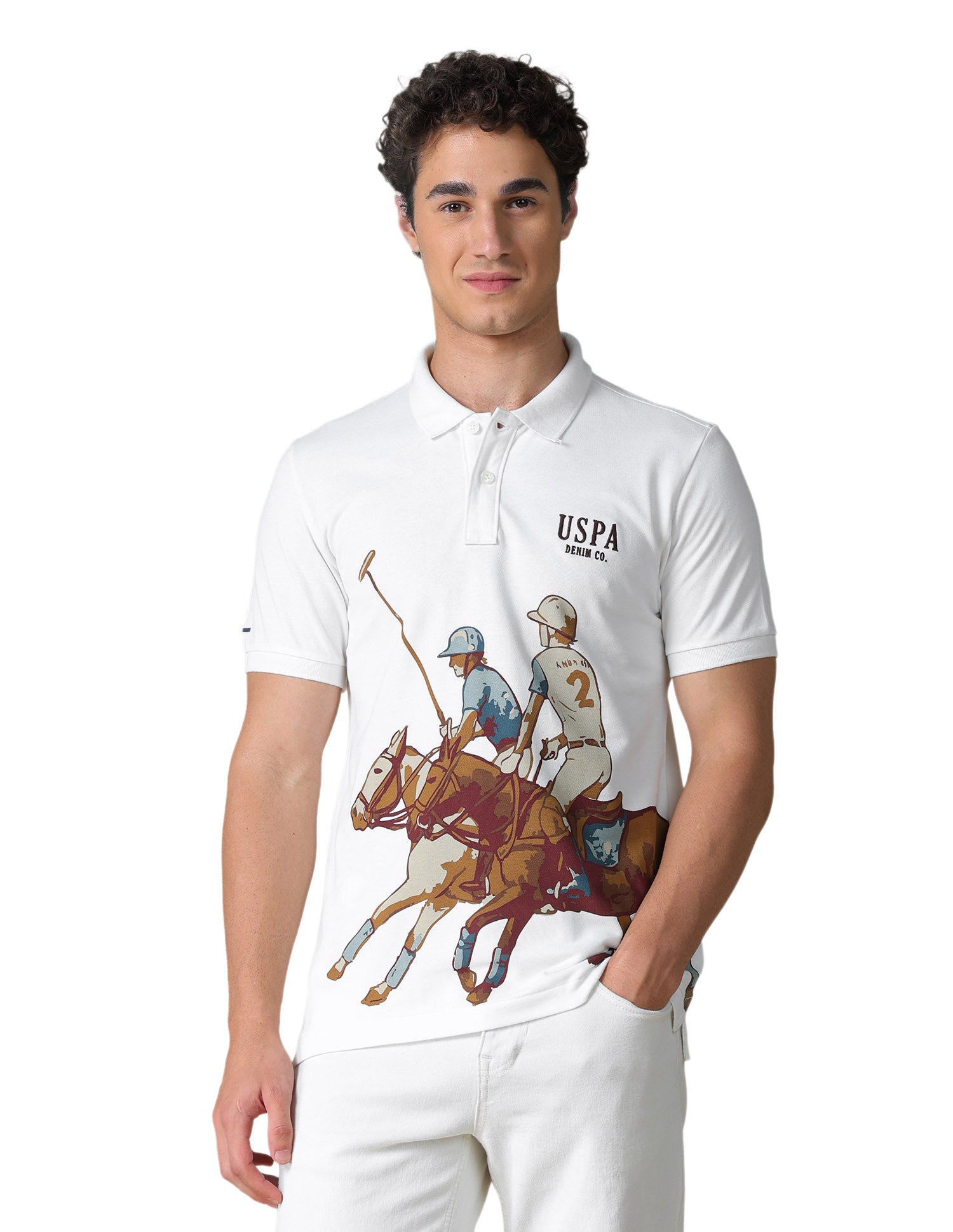 Graphic Brand Printed Slim Fit Polo Shirt Ivory - U.S. Polo Assn. India | Large