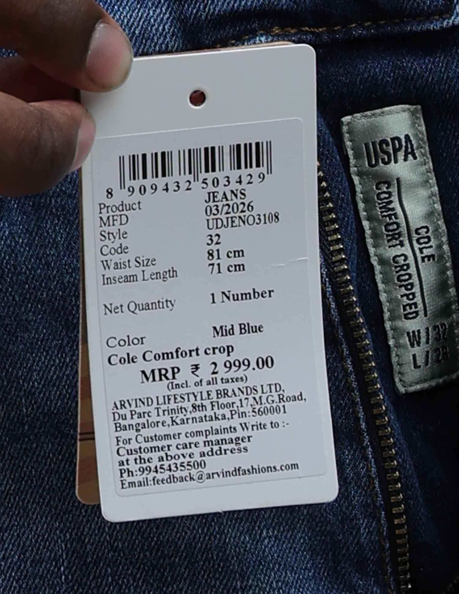 Cole Comfort Cropped Fit Blue Jeans Mid Blue - U.S. Polo Assn. India | Large