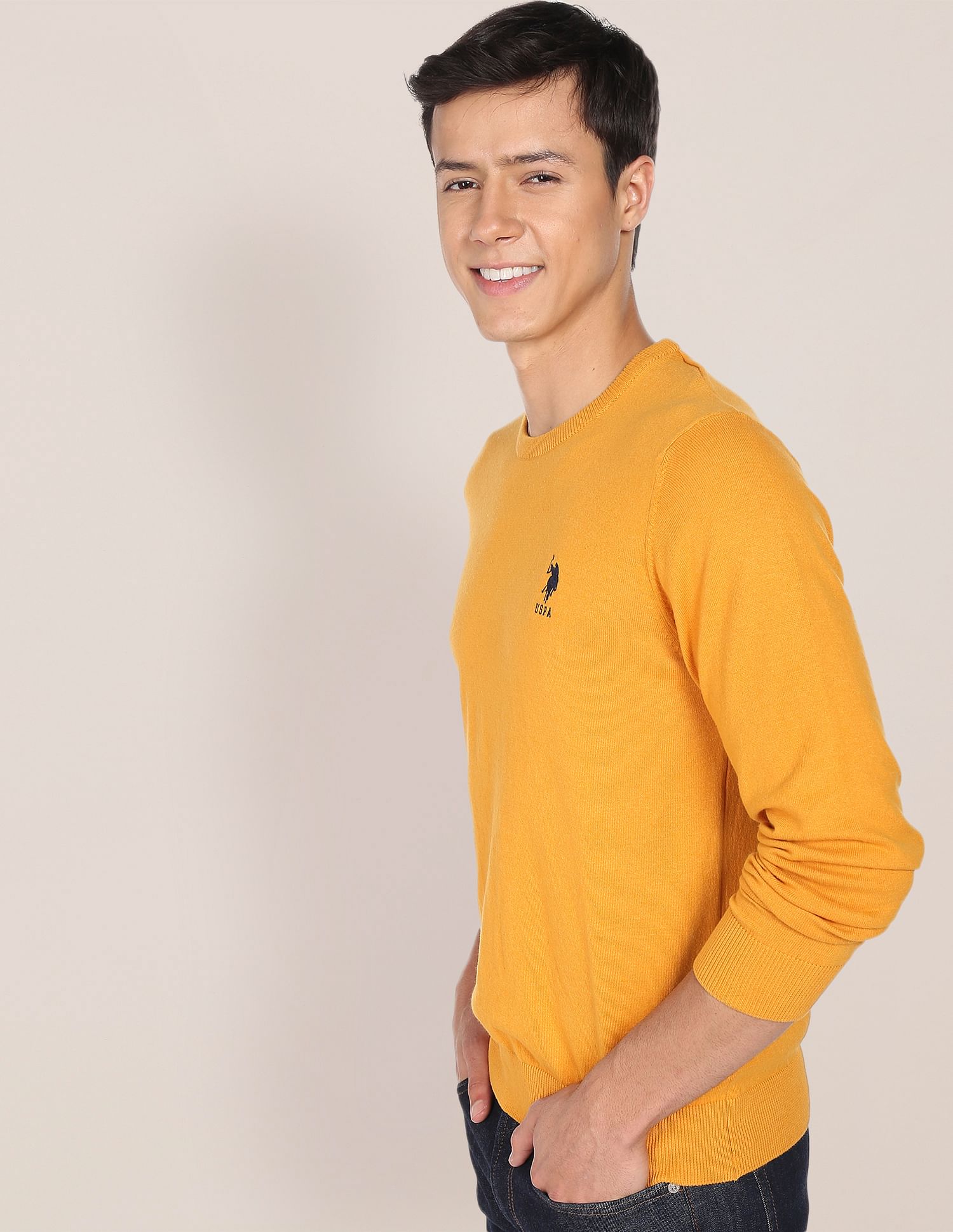 Crew Neck Solid Sweater Mustard - U.S. POLO ASSN. | Large
