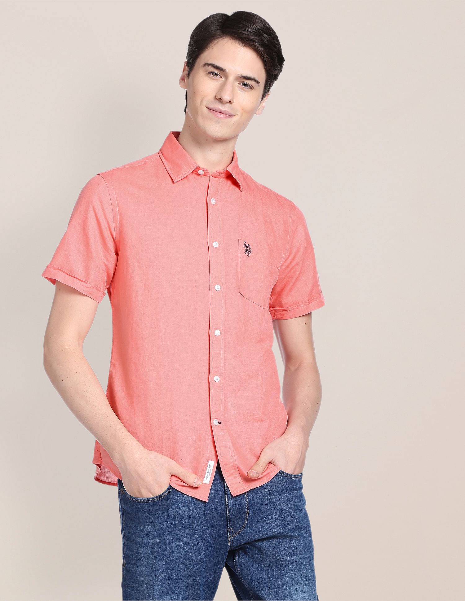 Spread Collar Solid Casual Shirt Pink - U.S. Polo Assn. India | Large