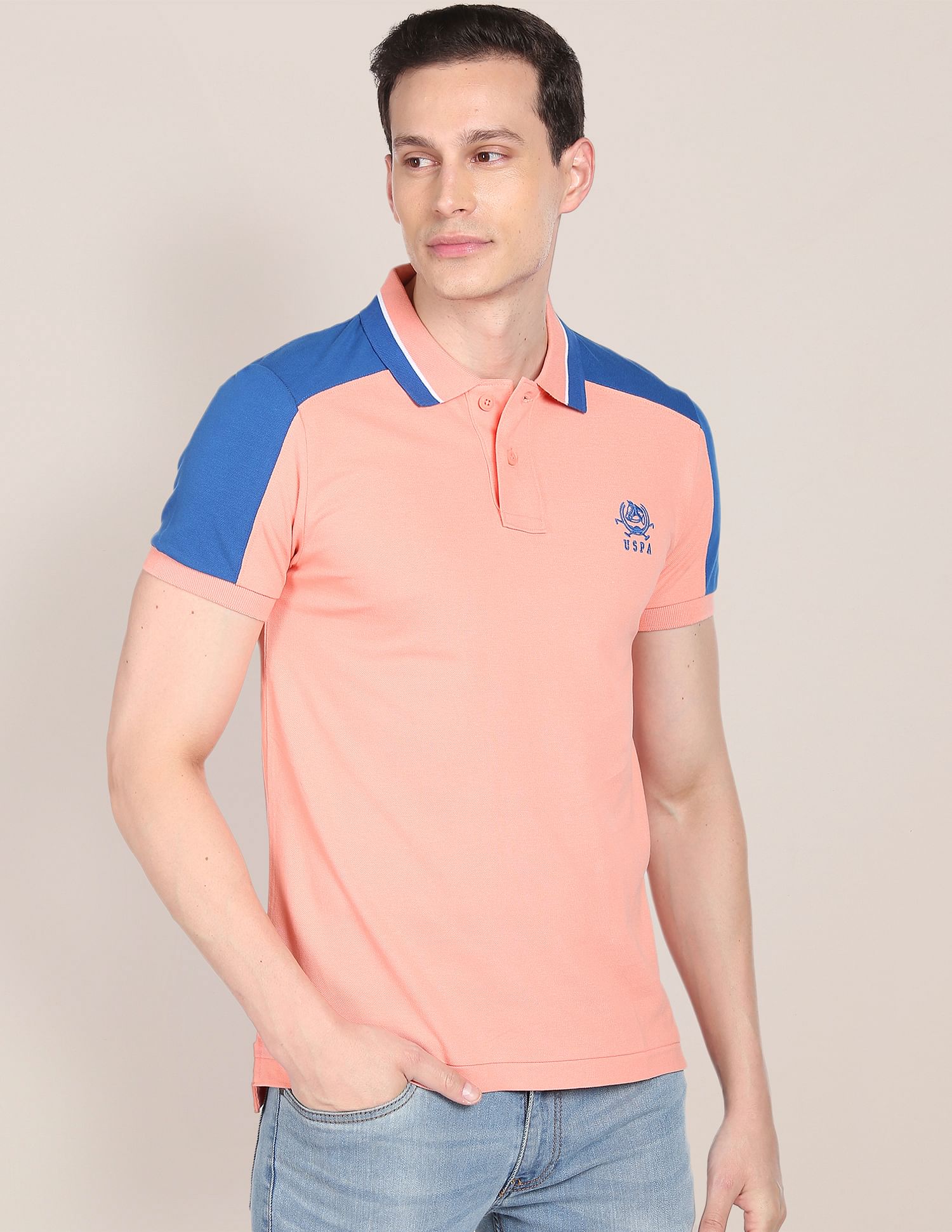 Colour Block Cotton Pique Polo Shirt Peach and Blue - U.S. POLO ASSN. | Large