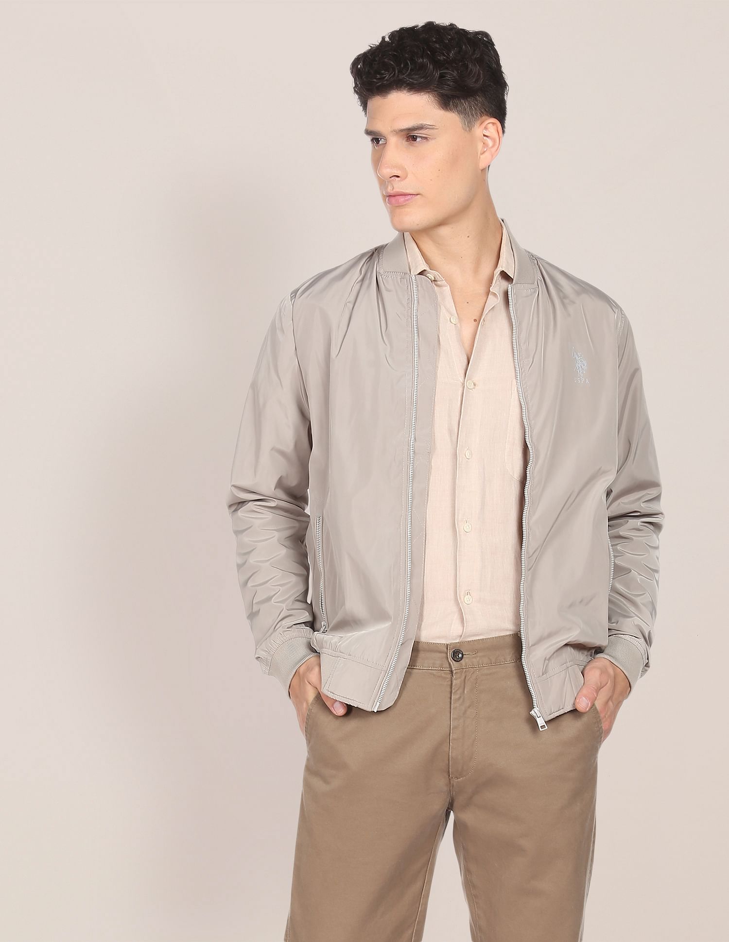 Solid Stand Collar Bomber Jacket Stone - U.S. Polo Assn. India | Large