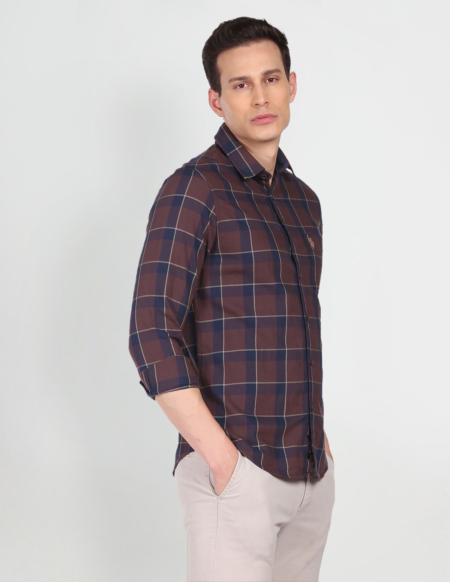 Cotton Twill Plaid Check Casual Shirt Brown - U.S. Polo Assn. India | Large