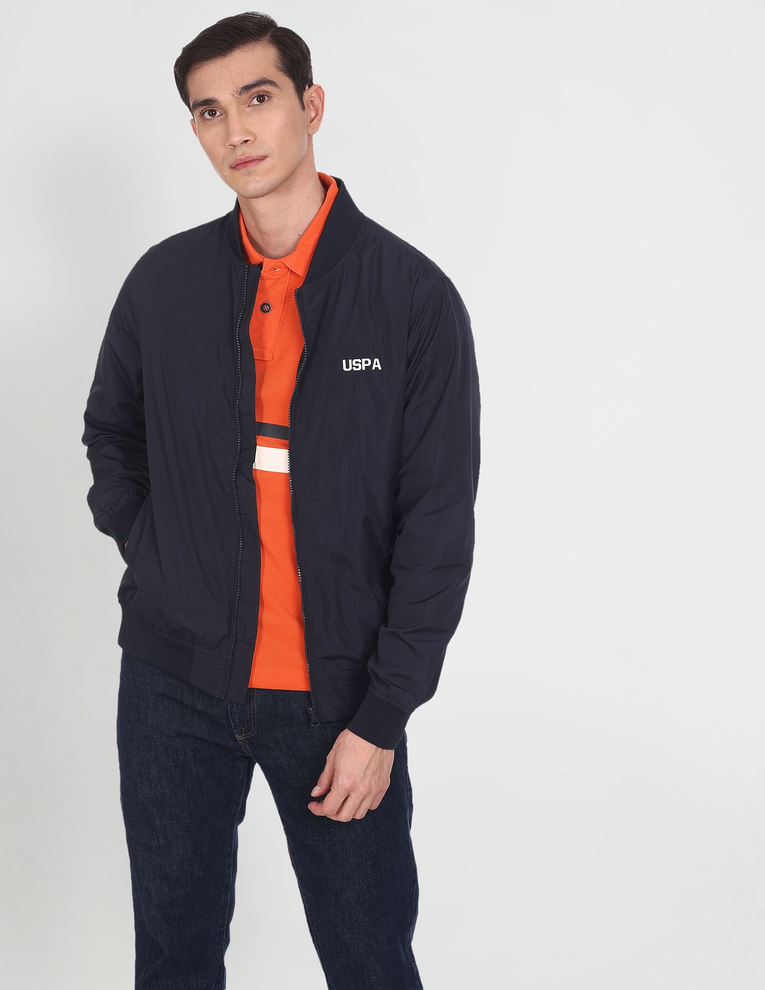 Solid Polyester Bomber Jacket Navy - U.S. Polo Assn. India | Large