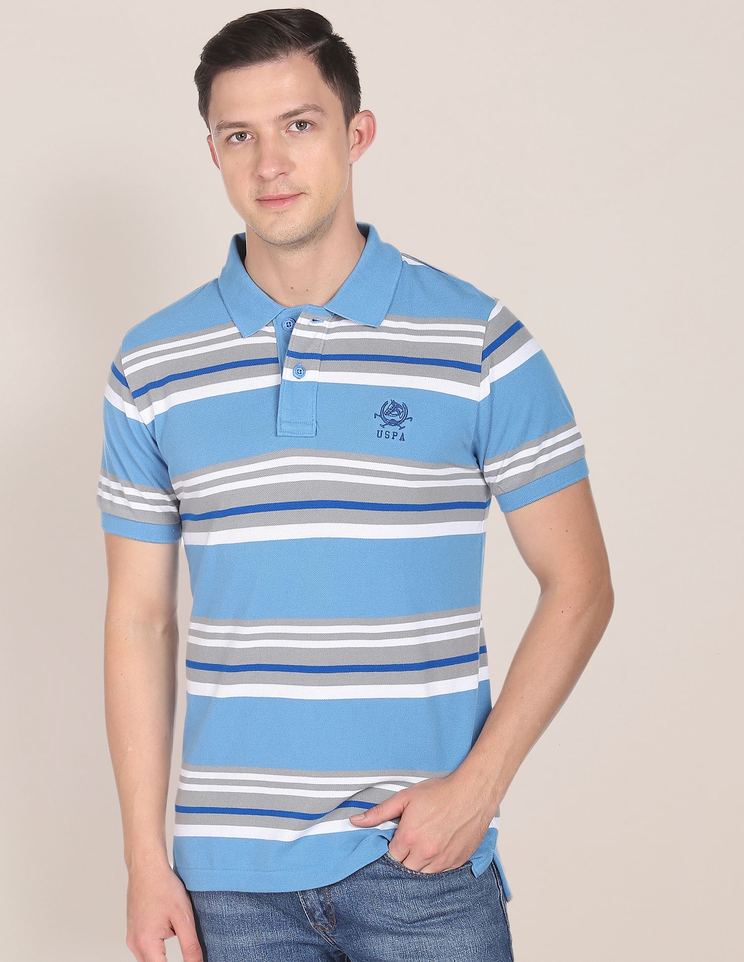 Horizontal Stripe Cotton Polo Shirt Light Blue - U.S. POLO ASSN. | Large