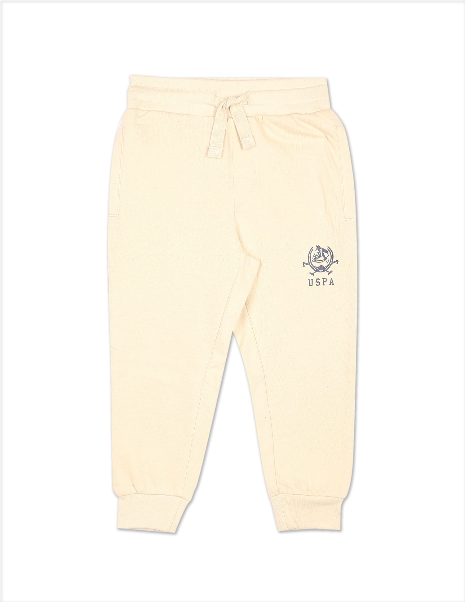 Boys Beige Elasticised Waist Brand Print Joggers