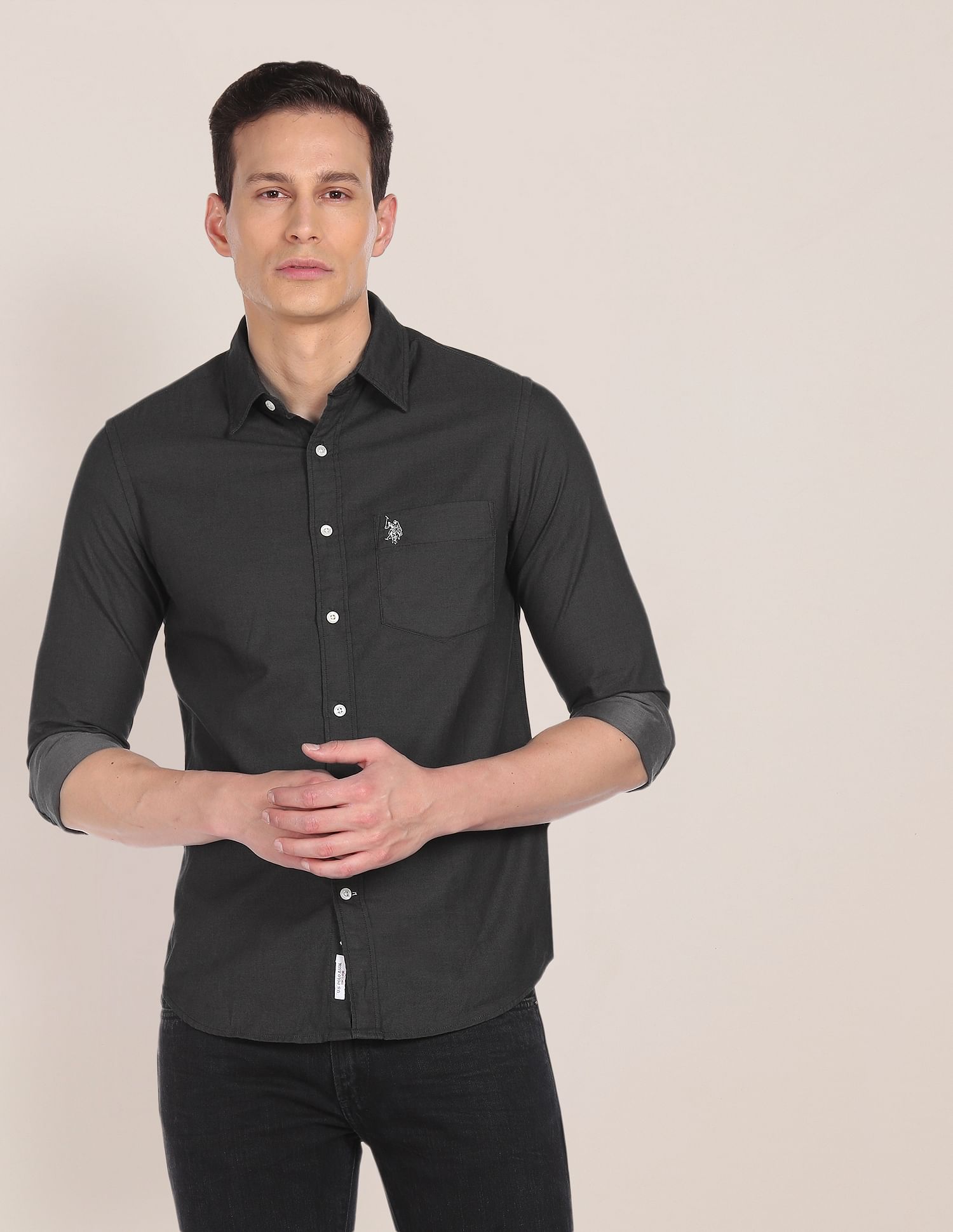 Men Aqua Spread Collar Solid Casual Shirt Grey - U.S. POLO ASSN. | Large