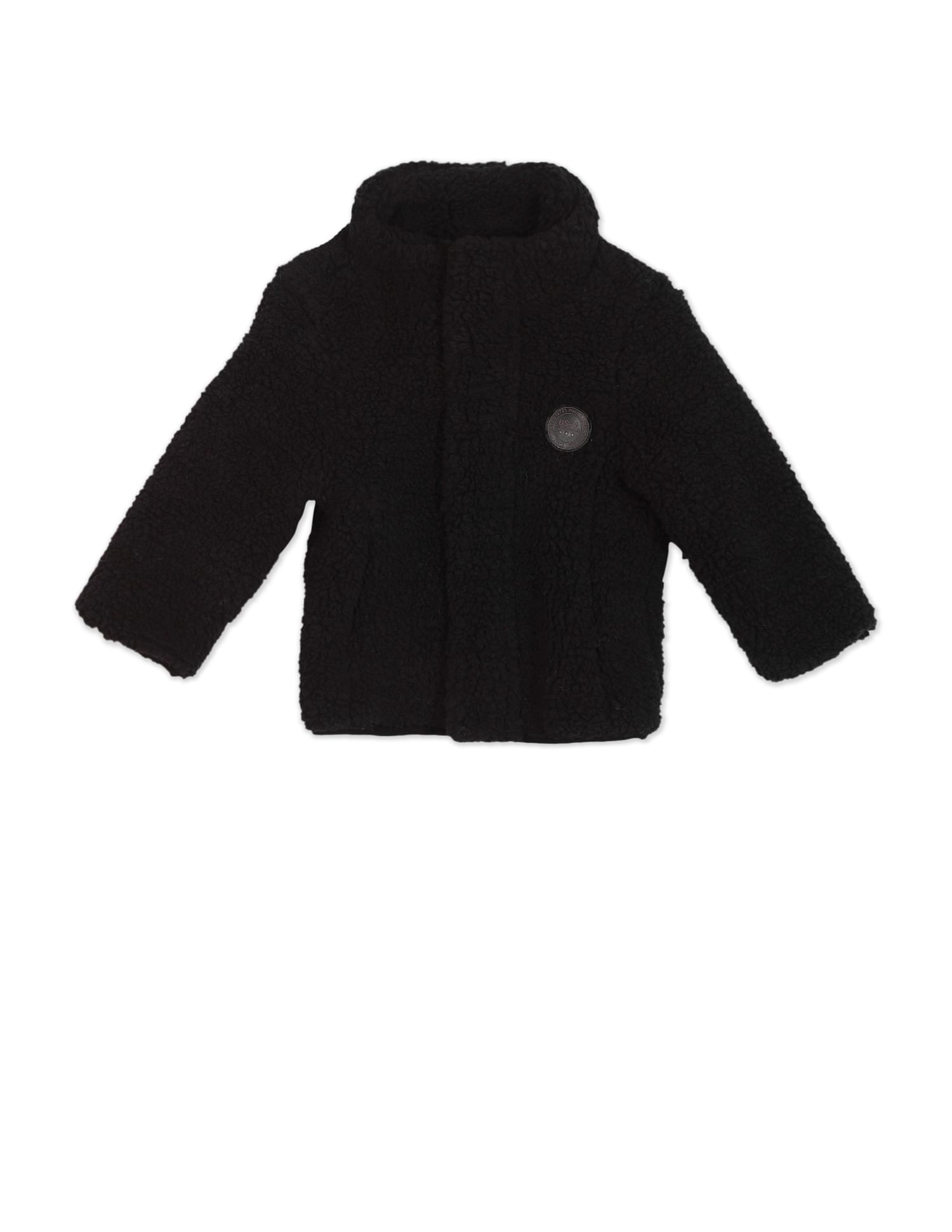 Boys High Neck Solid Sherpa Casual Jacket