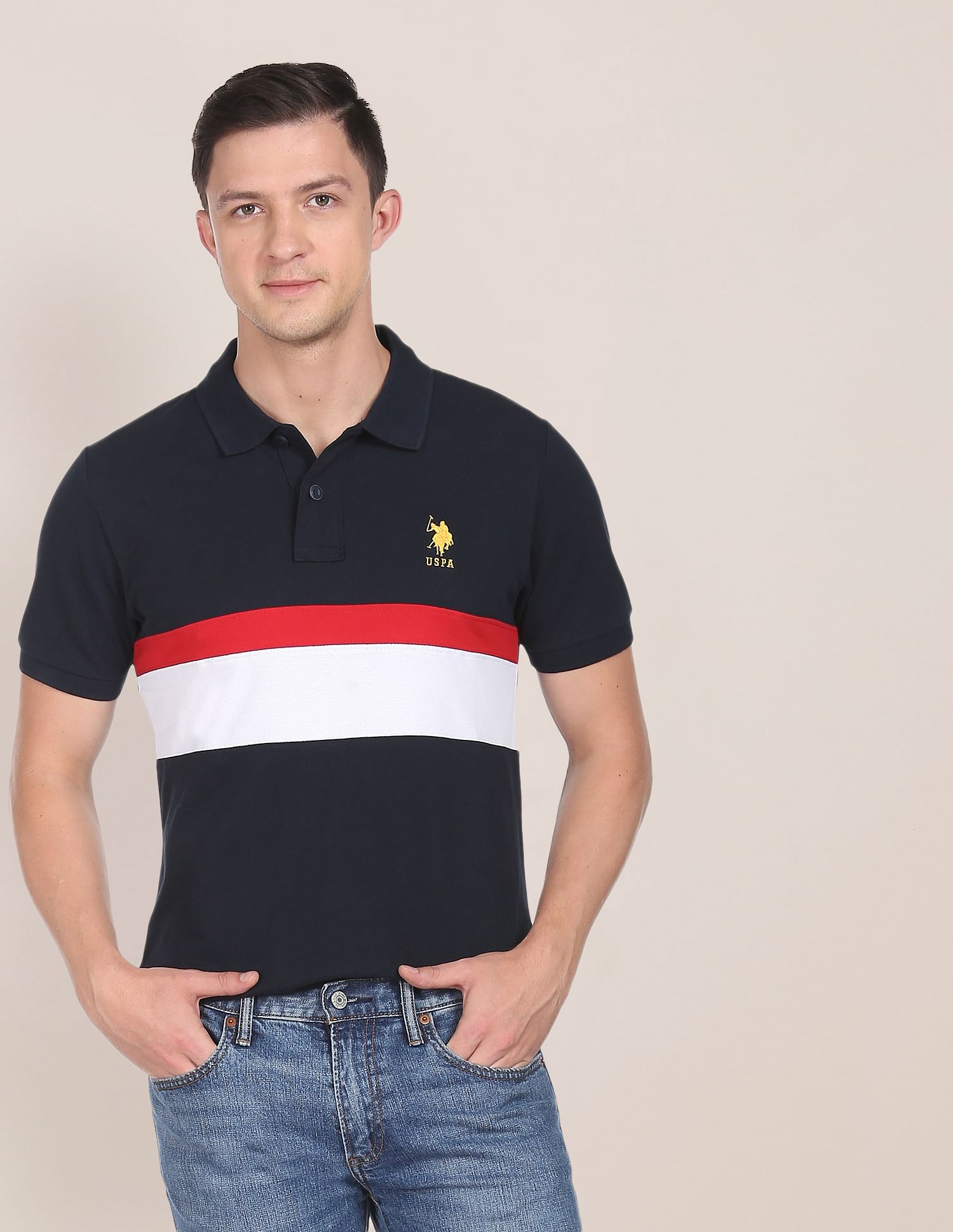 Colour Block Panelled Cotton Polo Shirt Navy - U.S. POLO ASSN. | Large
