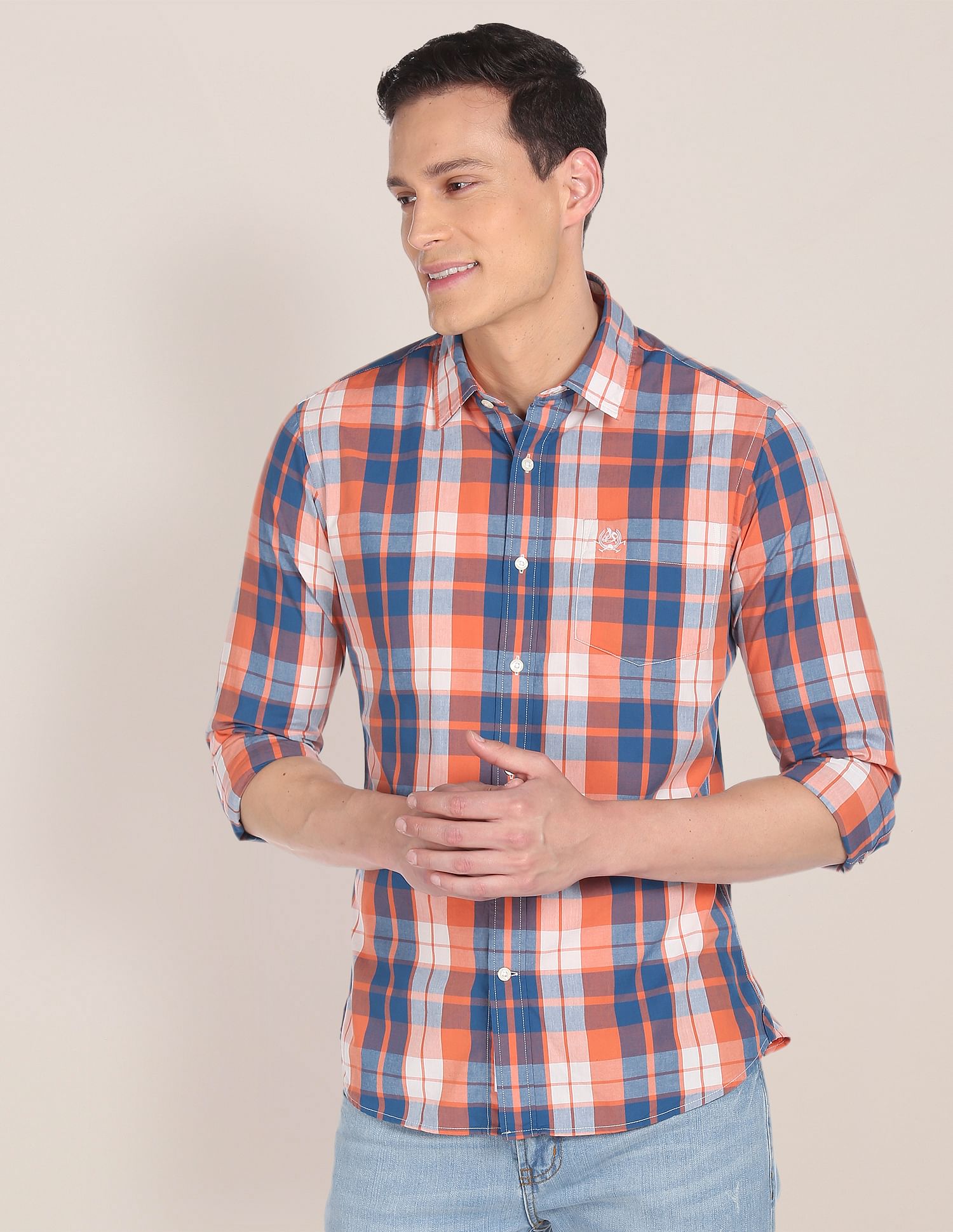 Patch Pocket Check Casual Shirt Orange and Blue - U.S. Polo Assn. India | Large