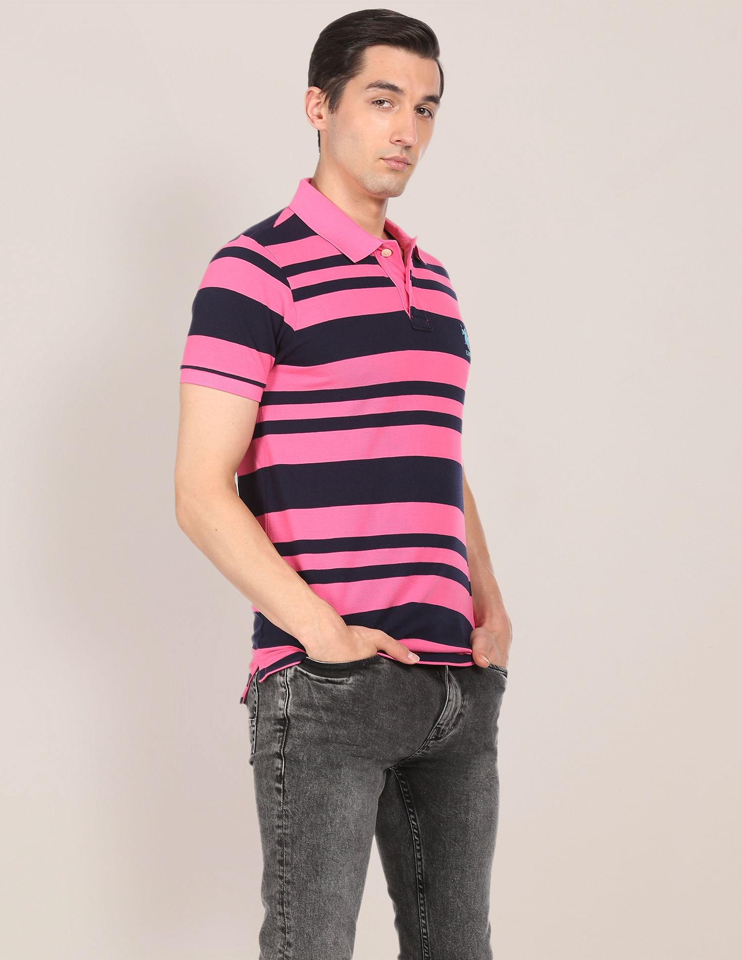 Ribbed Collar Striped Polo Shirt Pink and Navy - U.S. Polo Assn. India | Large