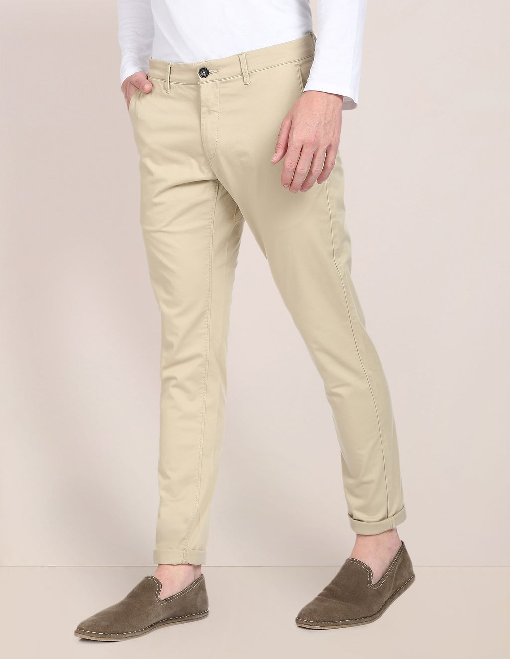 Men Beige Solid Austin Trim Fit Casual Trousers – Polo Assn