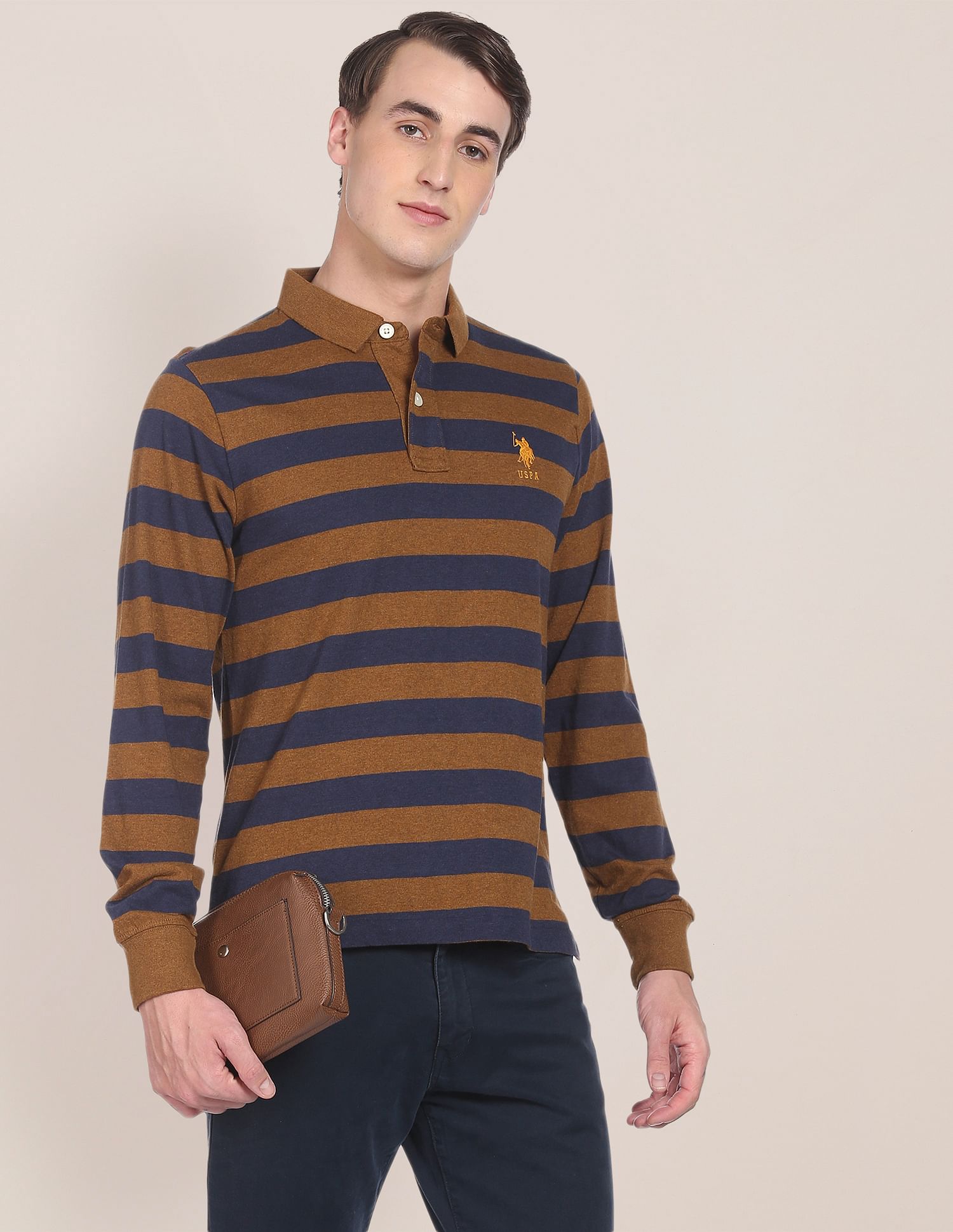 Long Sleeve Horizontal Stripe Polo Shirt Ochre and Navy - U.S. Polo Assn. India | Large